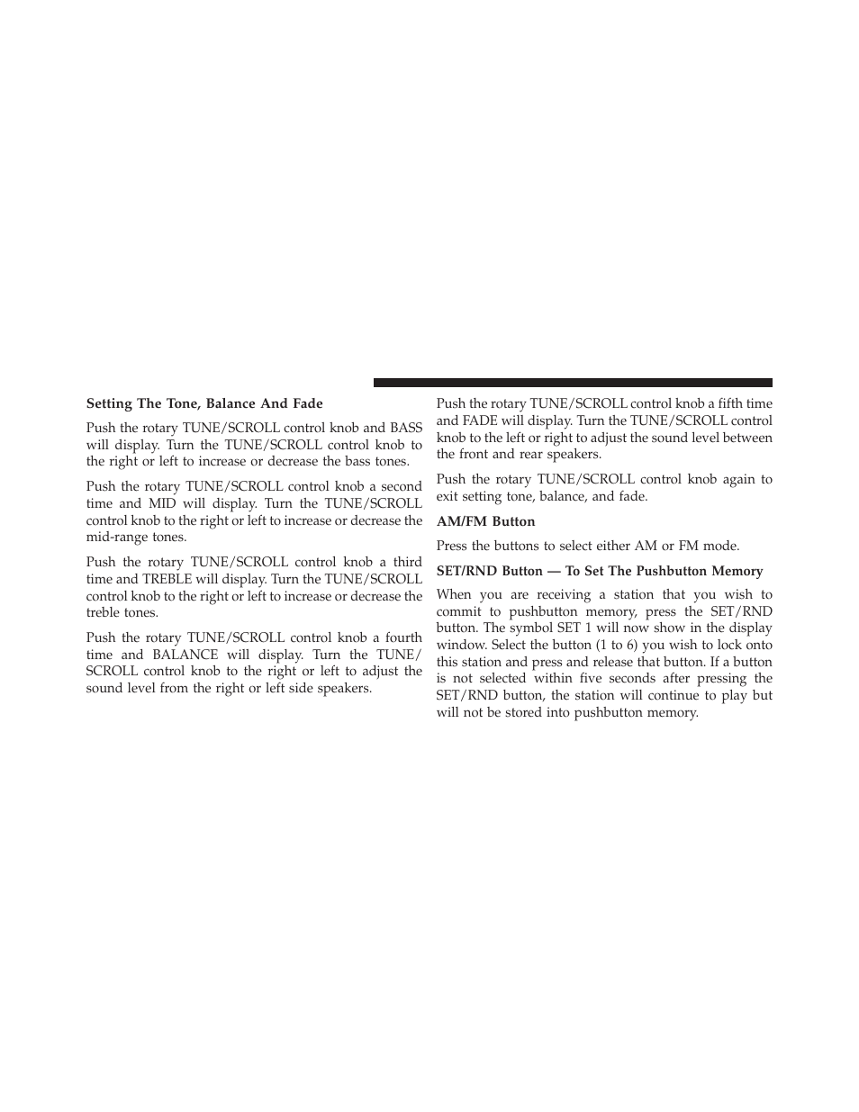 Setting the tone, balance and fade, Am/fm button, Set/rnd button — to set the pushbutton memory | Jeep 2014 Patriot - Owner Manual User Manual | Page 268 / 568