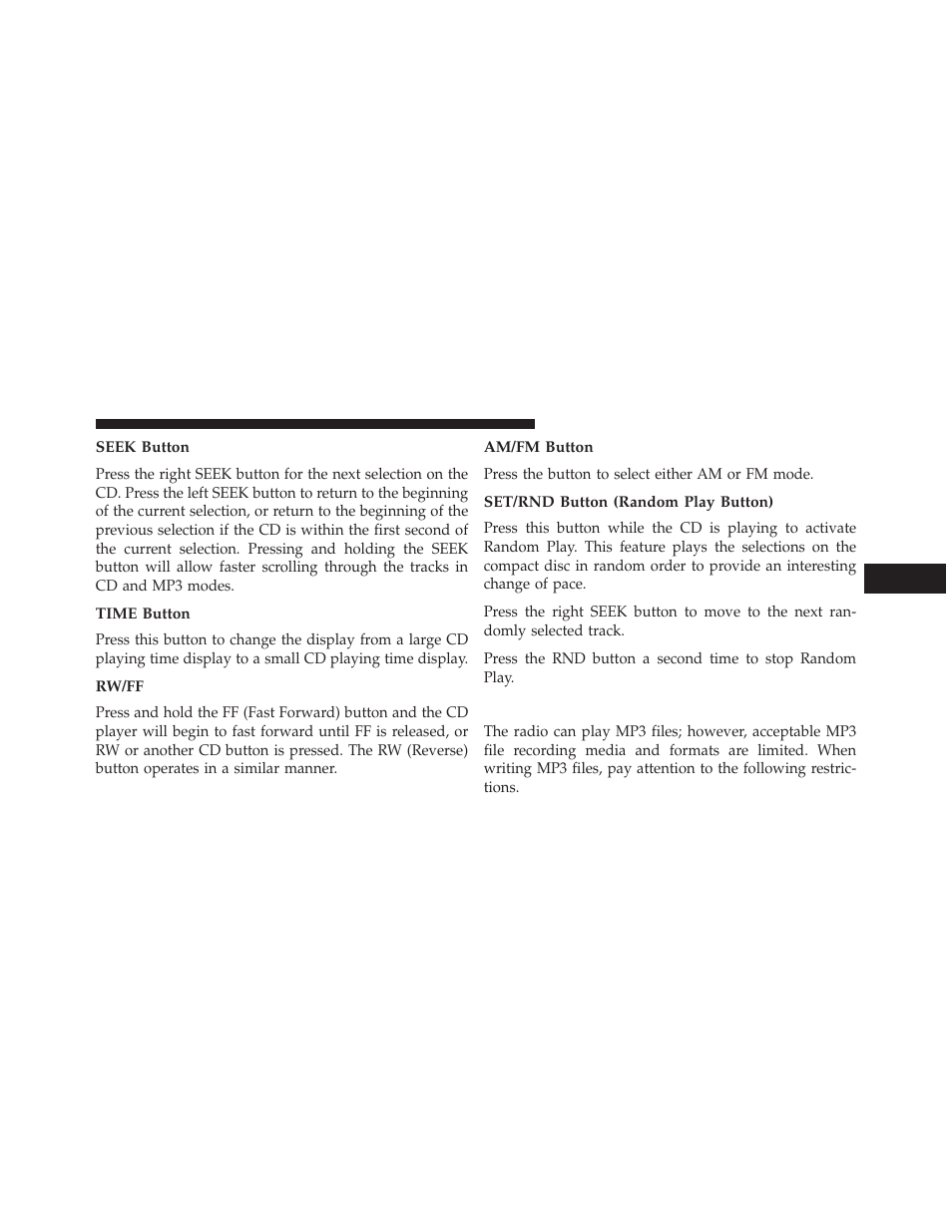 Seek button, Time button, Rw/ff | Am/fm button, Set/rnd button (random play button), Notes on playing mp3 files | Jeep 2014 Patriot - Owner Manual User Manual | Page 271 / 568
