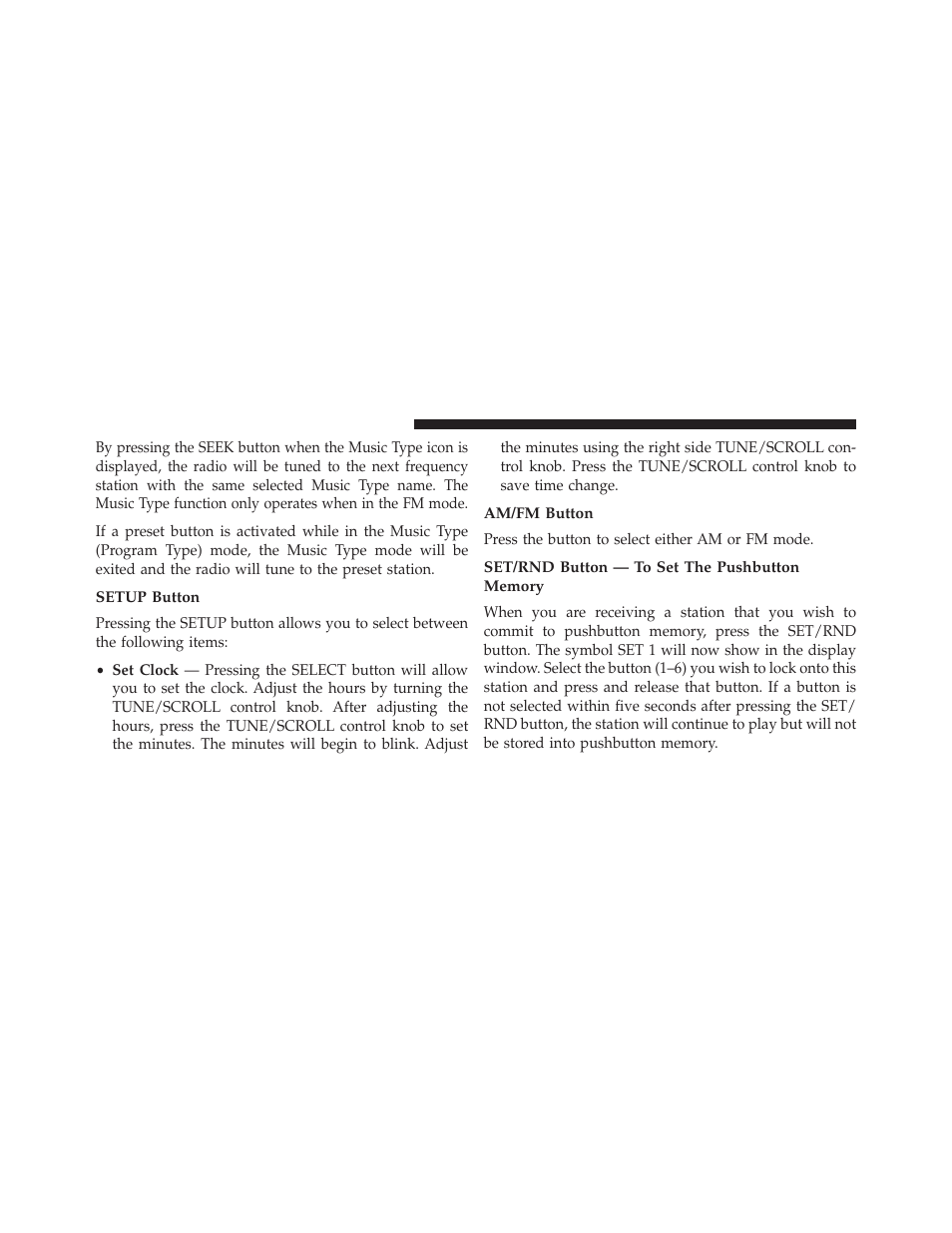 Setup button, Am/fm button, Set/rnd button — to set the pushbutton memory | Jeep 2014 Patriot - Owner Manual User Manual | Page 280 / 568