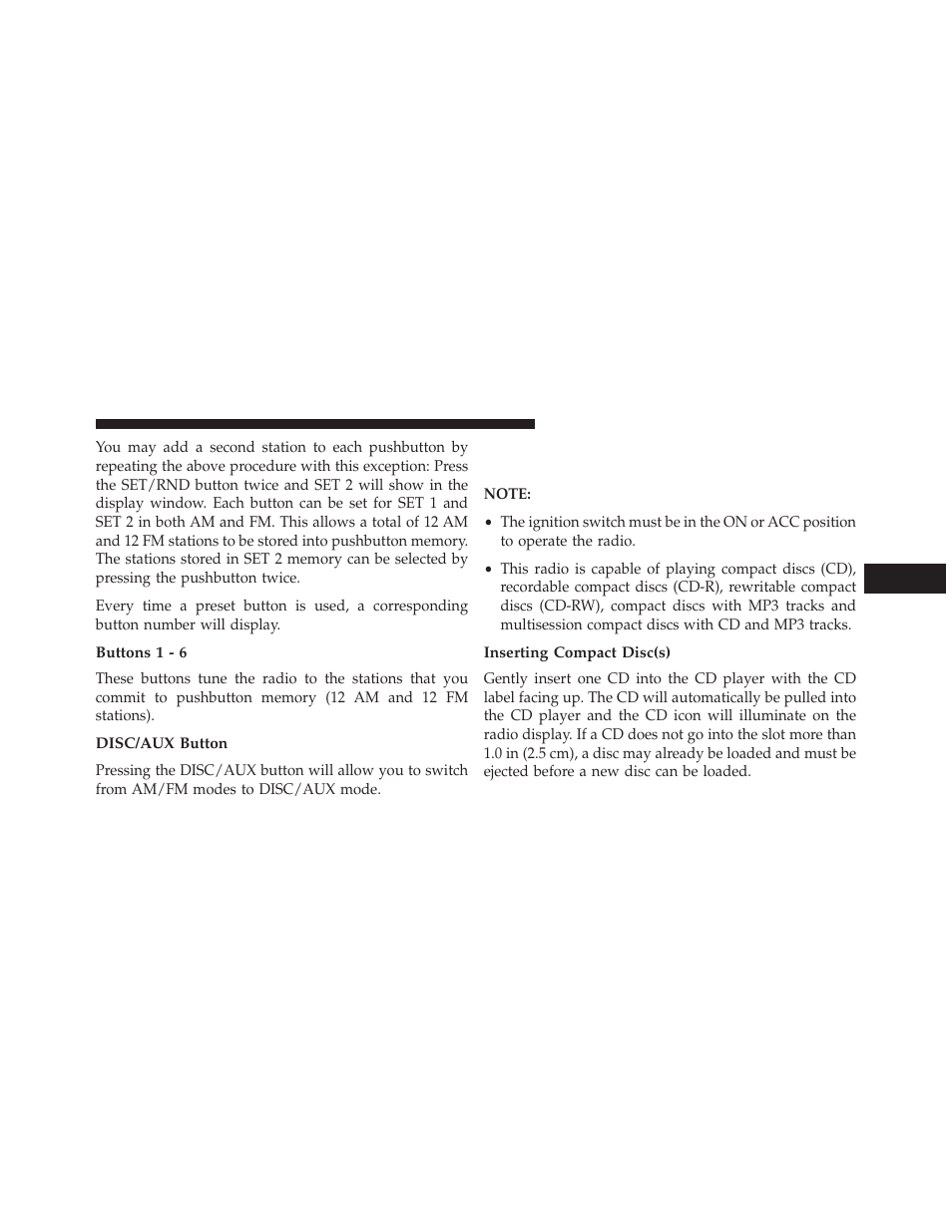 Buttons 1 - 6, Disc/aux button, Inserting compact disc(s) | Operation instructions — cd mode for, Cd and mp3 audio play | Jeep 2014 Patriot - Owner Manual User Manual | Page 281 / 568
