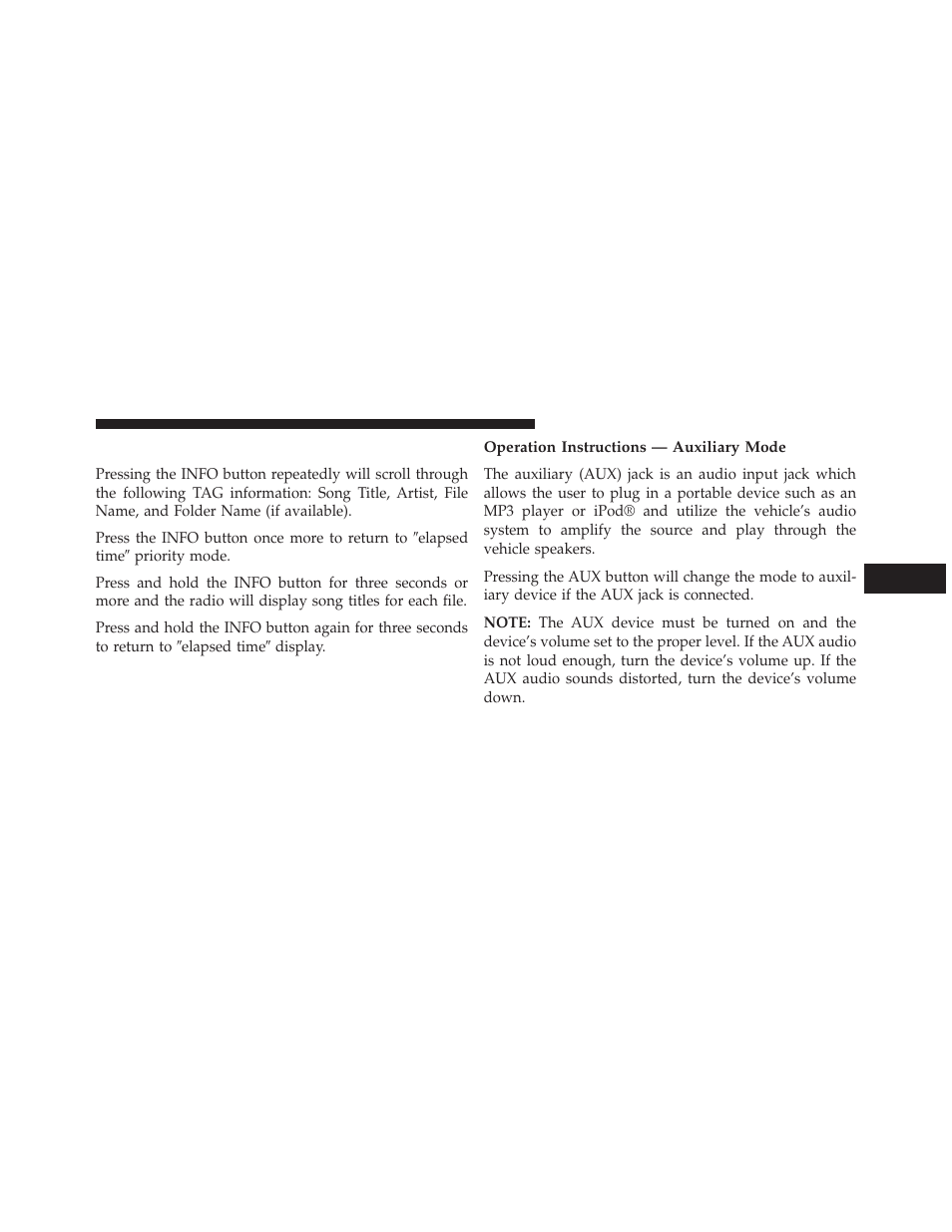 Info button — cd mode for mp3 play, Operation instructions — auxiliary mode | Jeep 2014 Patriot - Owner Manual User Manual | Page 287 / 568