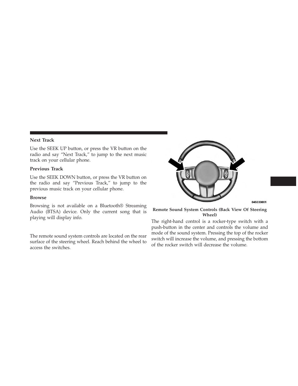 Next track, Previous track, Browse | Steering wheel audio controls | Jeep 2014 Patriot - Owner Manual User Manual | Page 299 / 568