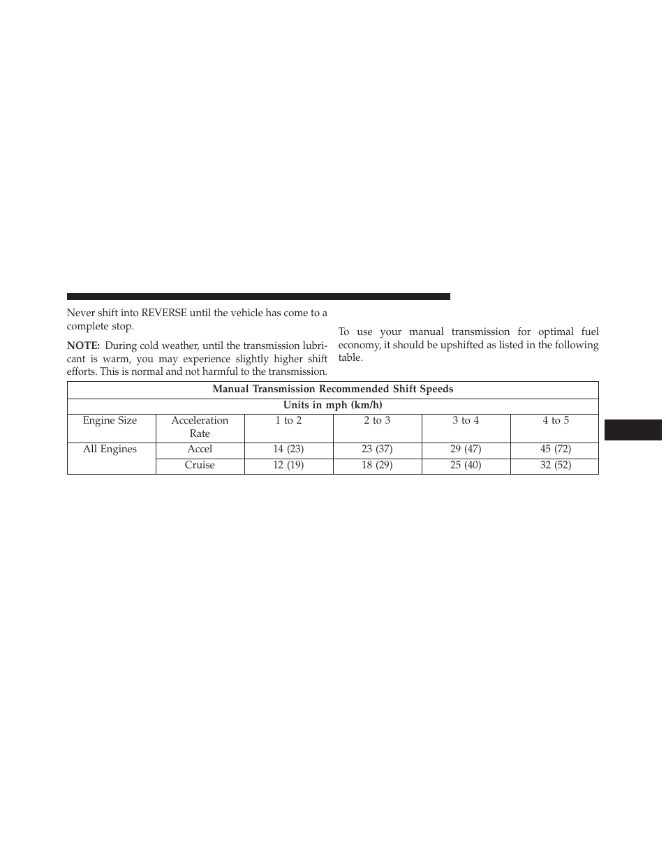 Recommended shift speeds | Jeep 2014 Patriot - Owner Manual User Manual | Page 327 / 568