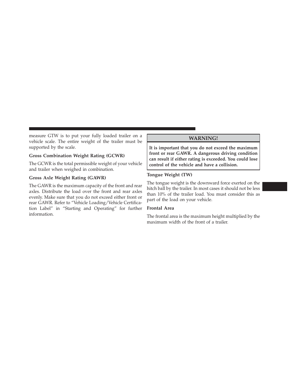 Gross combination weight rating (gcwr), Gross axle weight rating (gawr), Tongue weight (tw) | Frontal area | Jeep 2014 Patriot - Owner Manual User Manual | Page 421 / 568