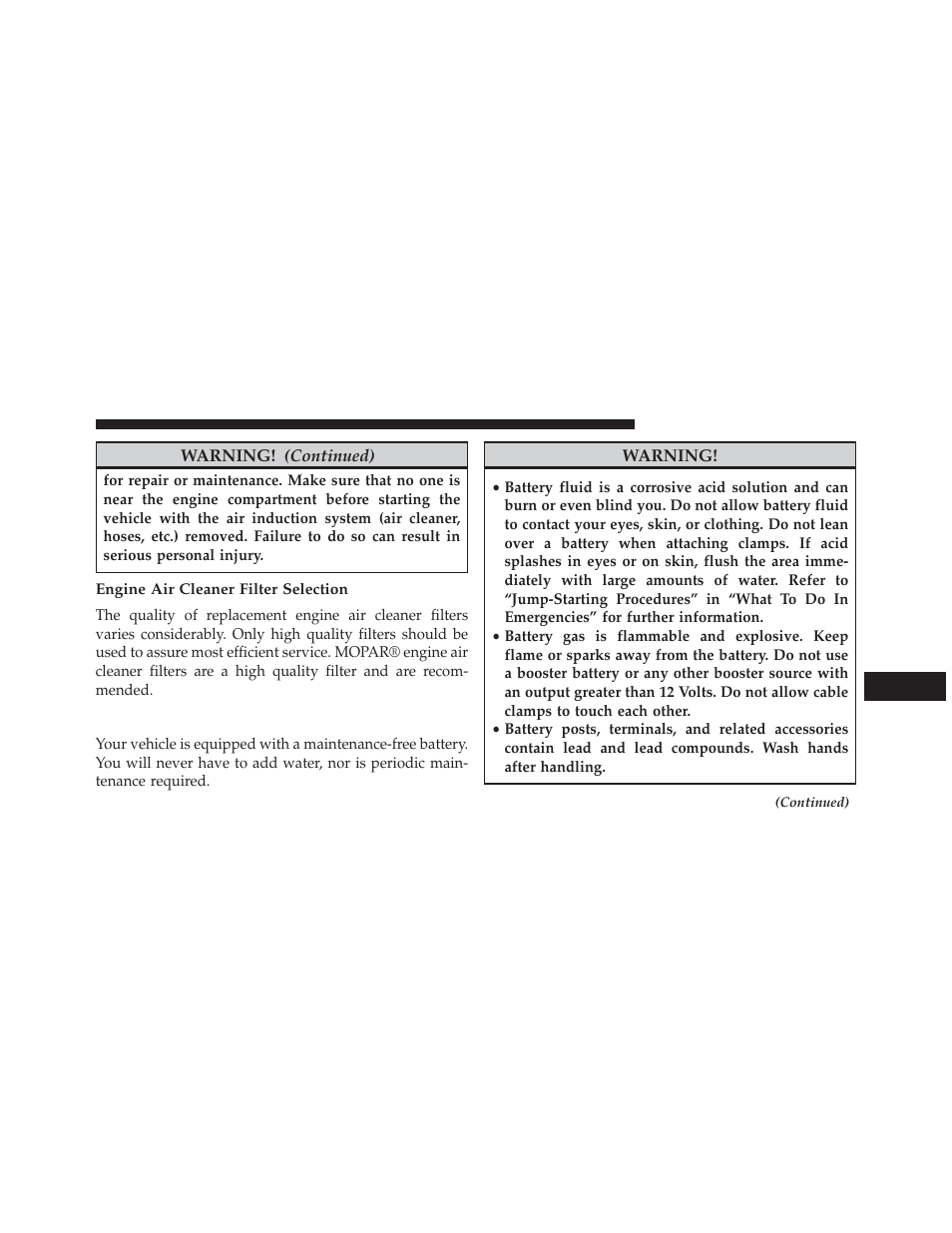 Engine air cleaner filter selection, Maintenance-free battery | Jeep 2014 Patriot - Owner Manual User Manual | Page 485 / 568