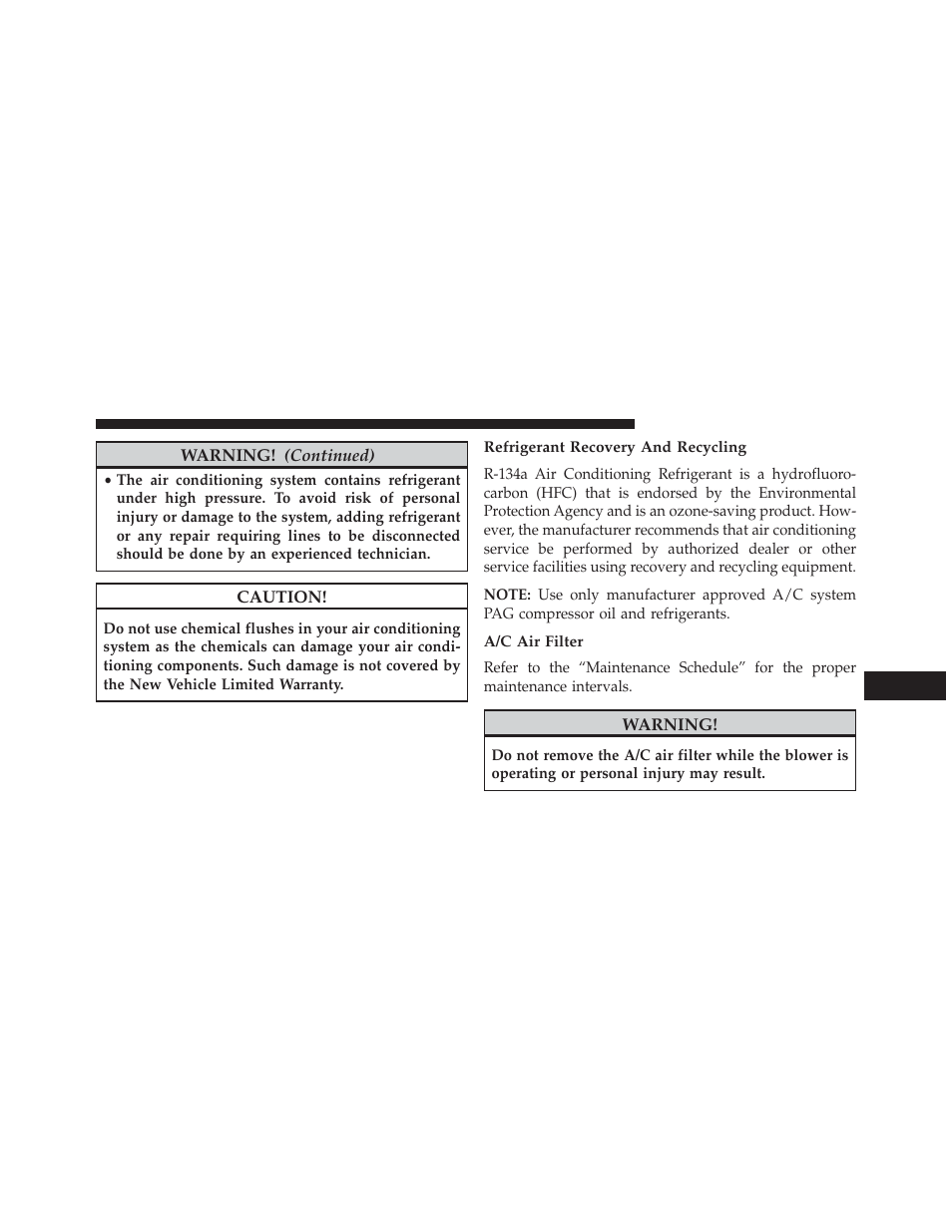 Refrigerant recovery and recycling, A/c air filter | Jeep 2014 Patriot - Owner Manual User Manual | Page 487 / 568