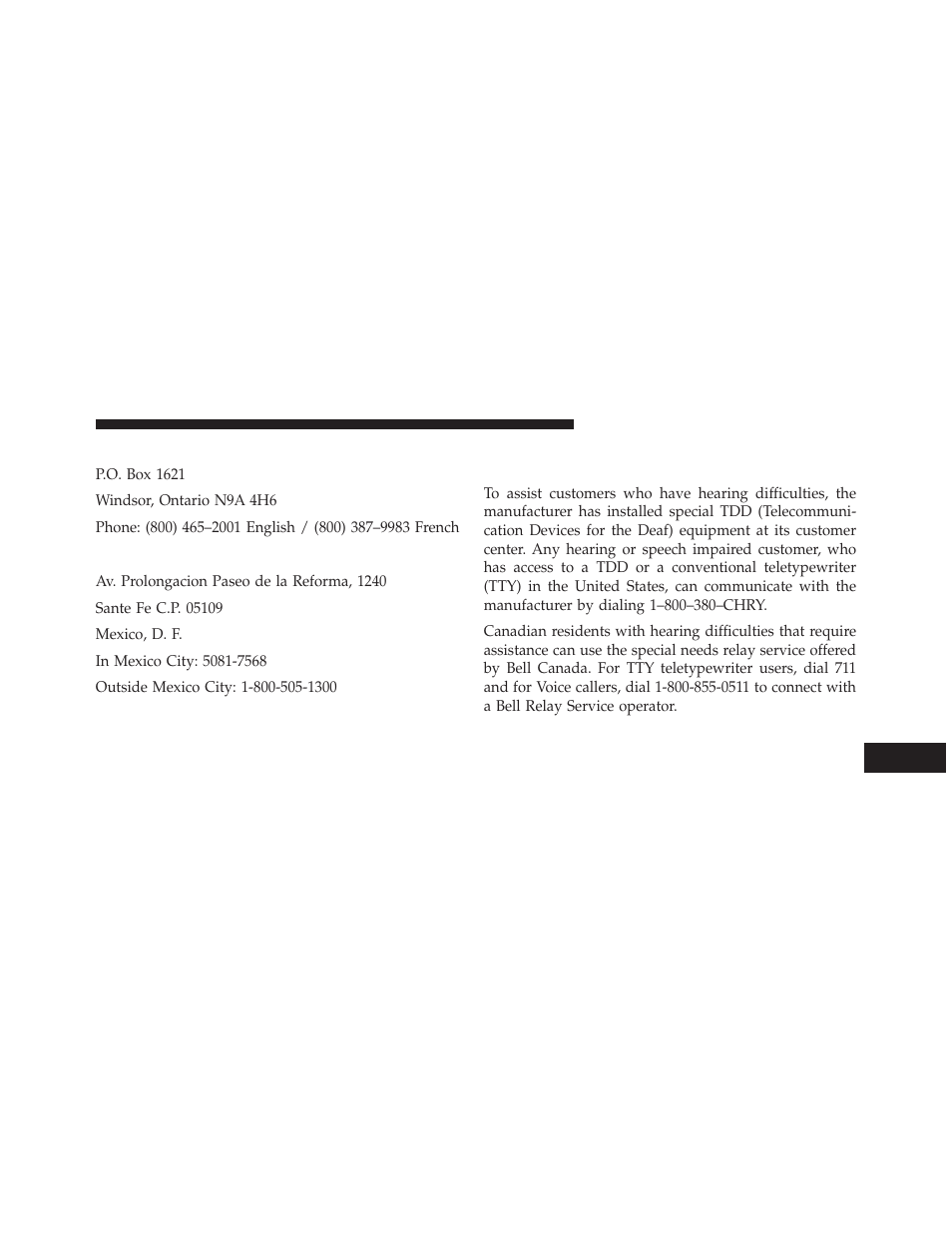 Chrysler canada inc. customer center, In mexico contact, Customer assistance for the hearing | Or speech impaired (tdd/tty) | Jeep 2014 Patriot - Owner Manual User Manual | Page 539 / 568