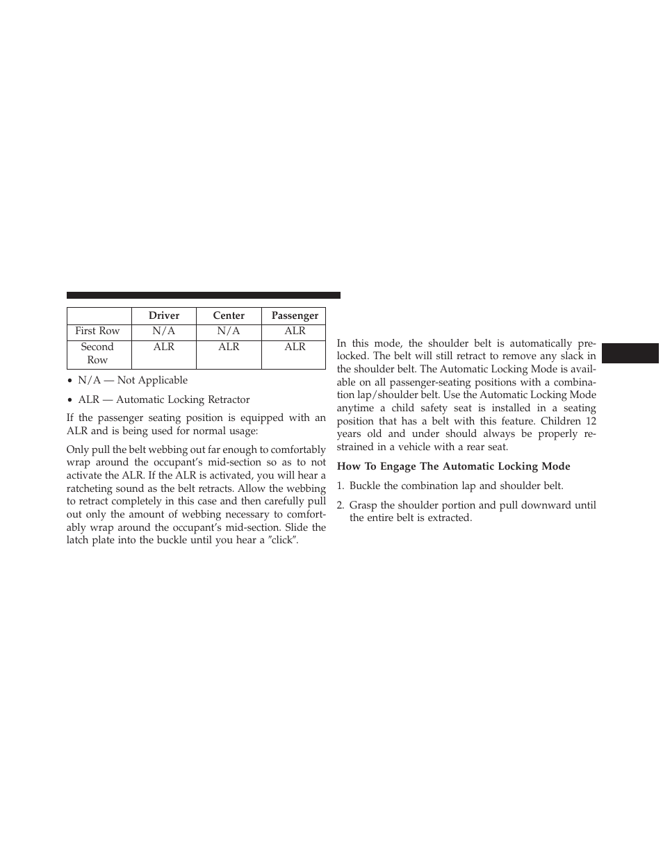 How to engage the automatic locking mode, Automatic locking retractor mode (alr), If equipped | Jeep 2014 Patriot - Owner Manual User Manual | Page 55 / 568