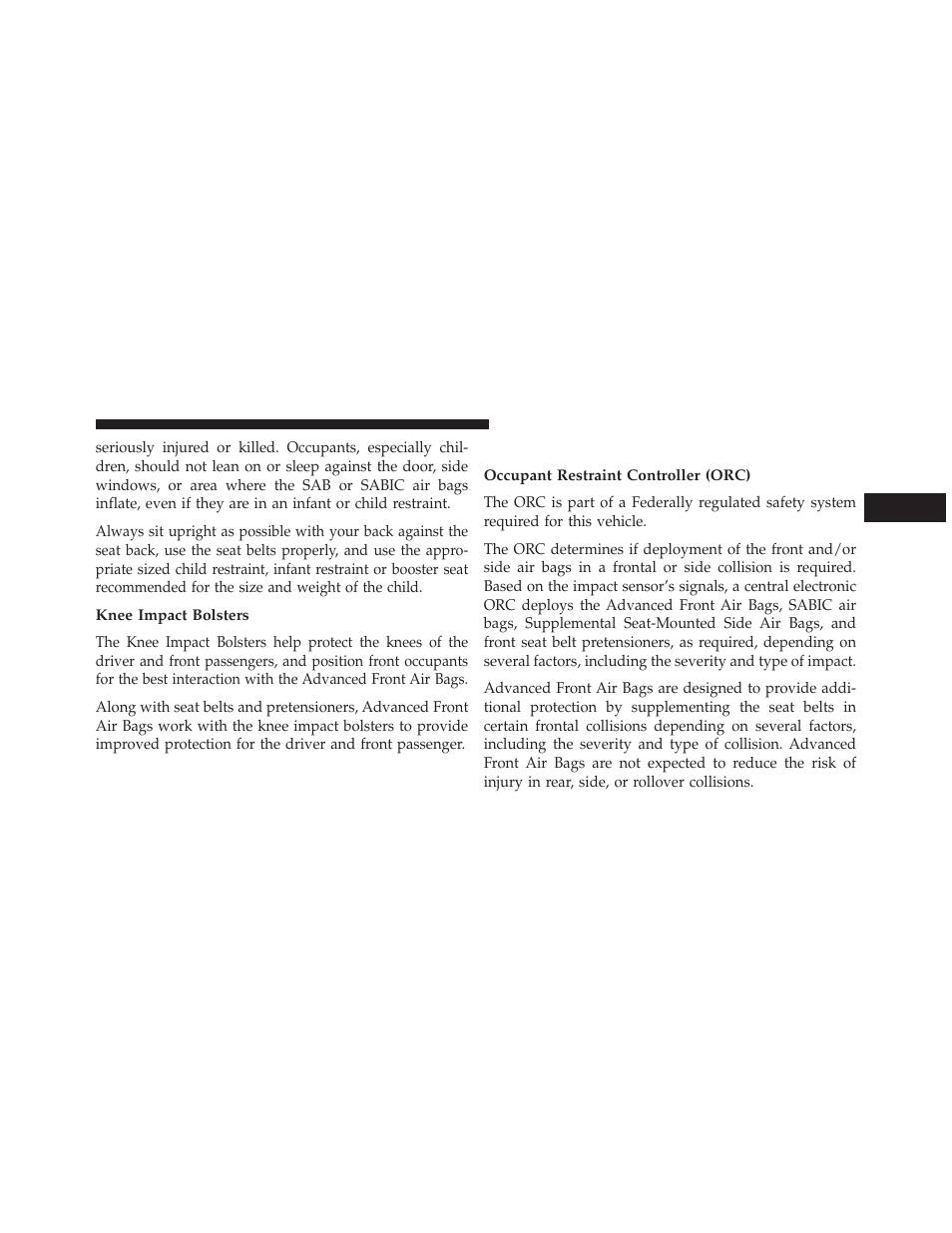 Knee impact bolsters, Air bag deployment sensors and controls, Occupant restraint controller (orc) | Jeep 2014 Patriot - Owner Manual User Manual | Page 69 / 568