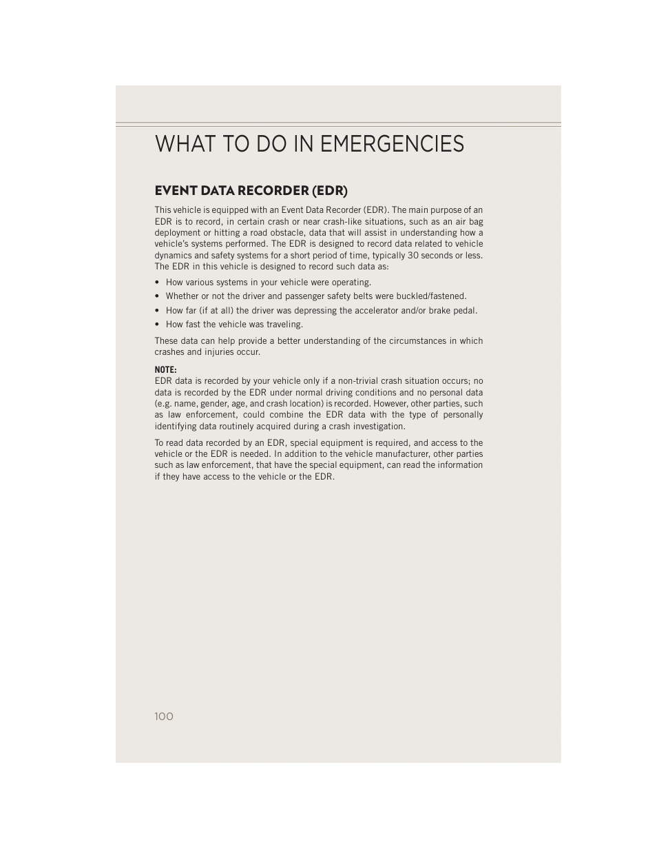 Event data recorder (edr), What to do in emergencies | Jeep 2014 Patriot - User Guide User Manual | Page 102 / 126