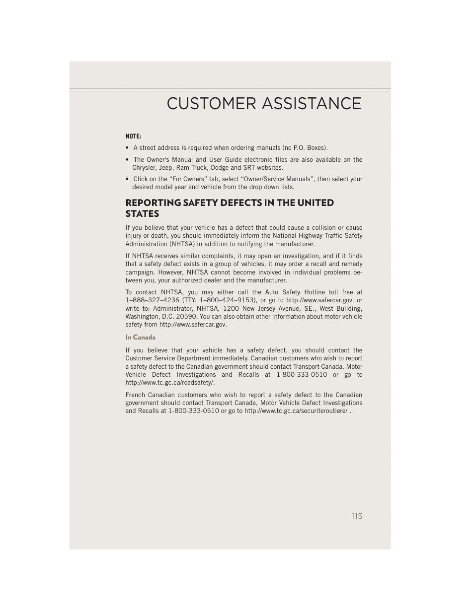 Reporting safety defects in the united states, In canada, Customer assistance | Jeep 2014 Patriot - User Guide User Manual | Page 117 / 126