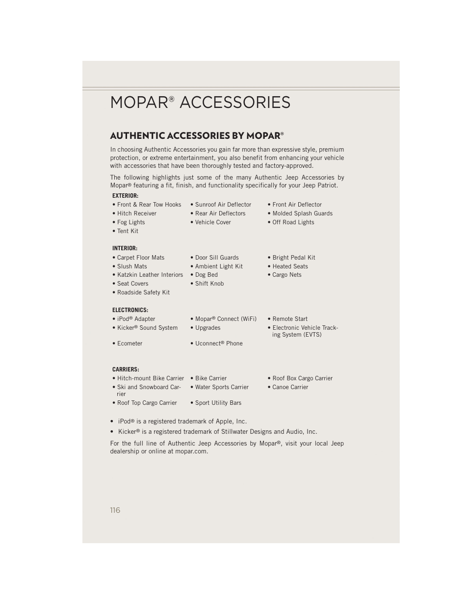 Mopar® accessories, Authentic accessories by mopar | Jeep 2014 Patriot - User Guide User Manual | Page 118 / 126