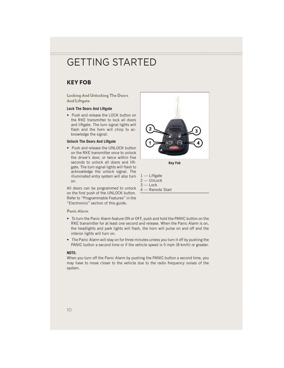 Getting started, Key fob, Locking and unlocking the doors and liftgate | Panic alarm | Jeep 2014 Patriot - User Guide User Manual | Page 12 / 126