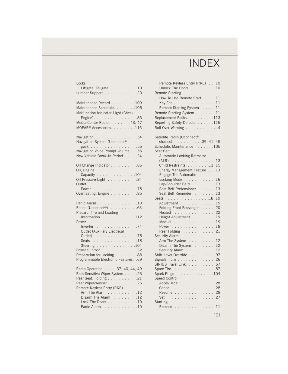 Index | Jeep 2014 Patriot - User Guide User Manual | Page 123 / 126