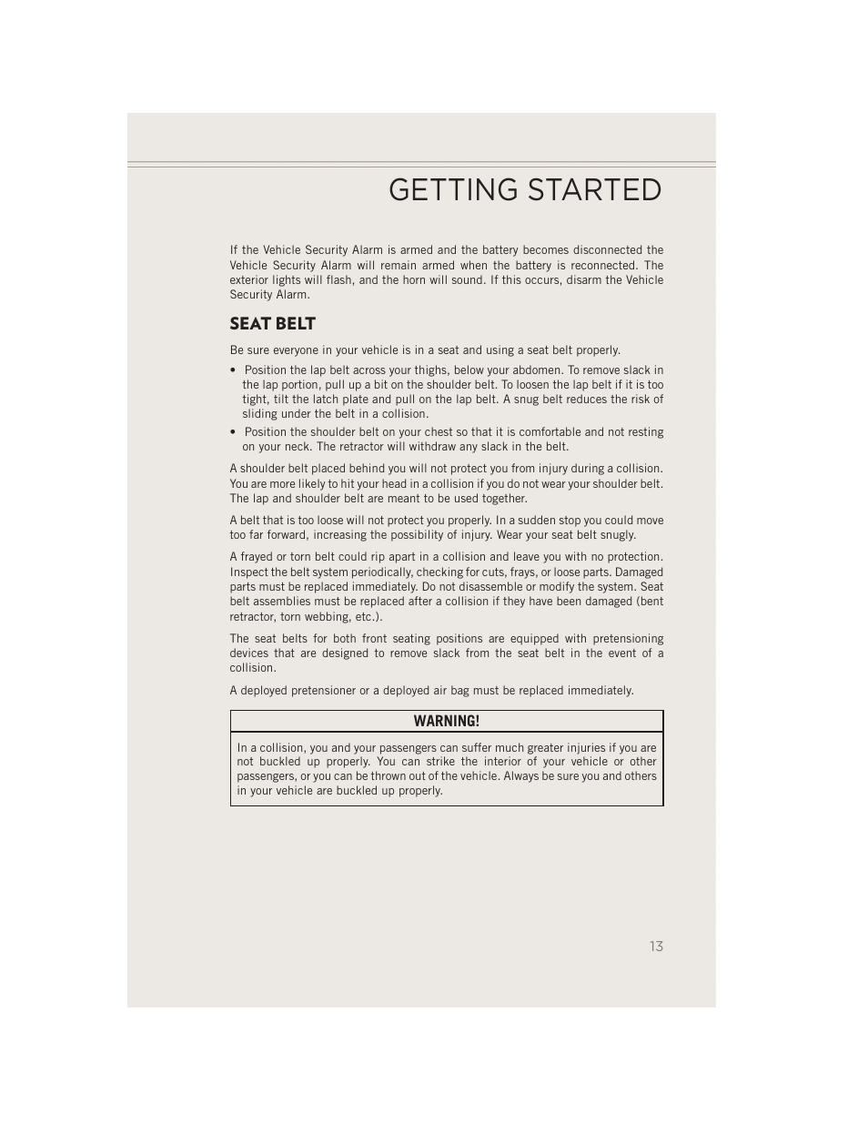 Seat belt, Getting started | Jeep 2014 Patriot - User Guide User Manual | Page 15 / 126