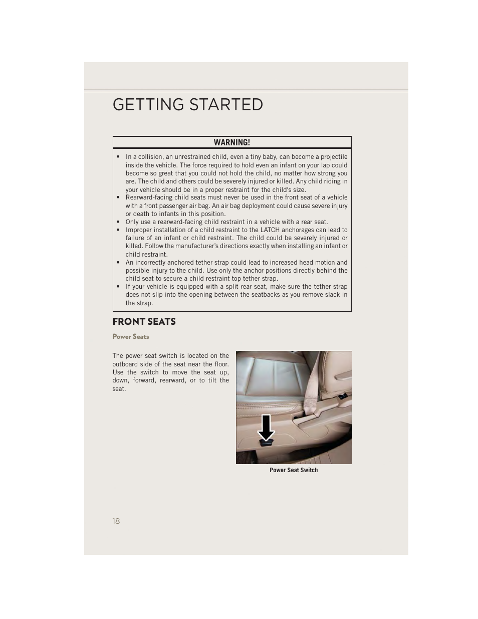 Front seats, Power seats, Getting started | Jeep 2014 Patriot - User Guide User Manual | Page 20 / 126