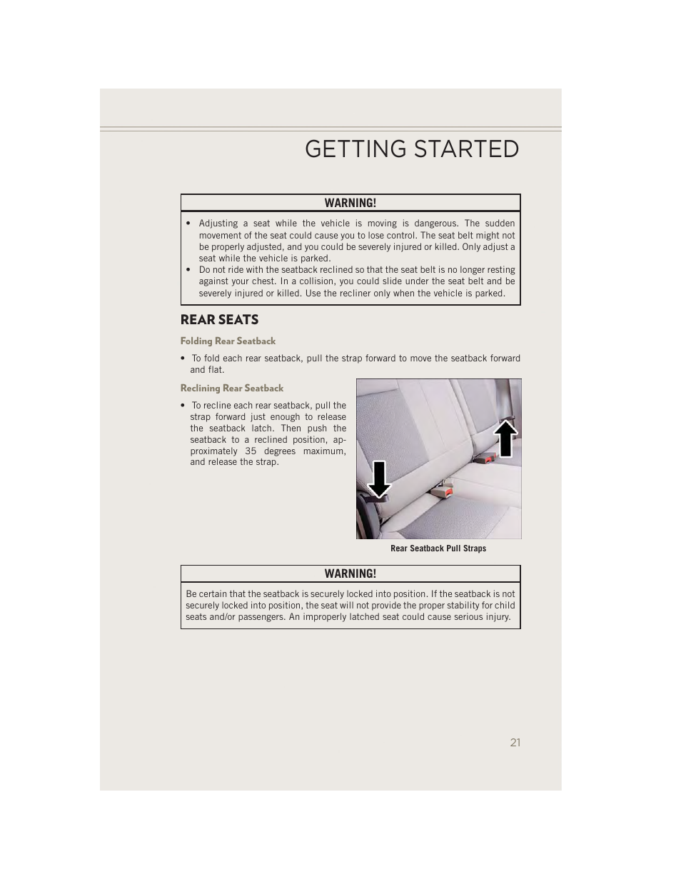 Rear seats, Folding rear seatback, Reclining rear seatback | Getting started | Jeep 2014 Patriot - User Guide User Manual | Page 23 / 126