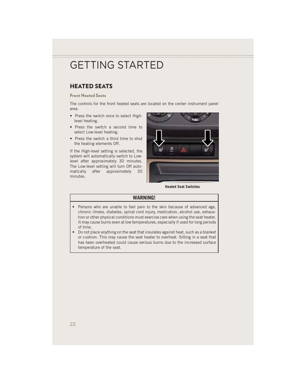 Heated seats, Front heated seats, Getting started | Jeep 2014 Patriot - User Guide User Manual | Page 24 / 126