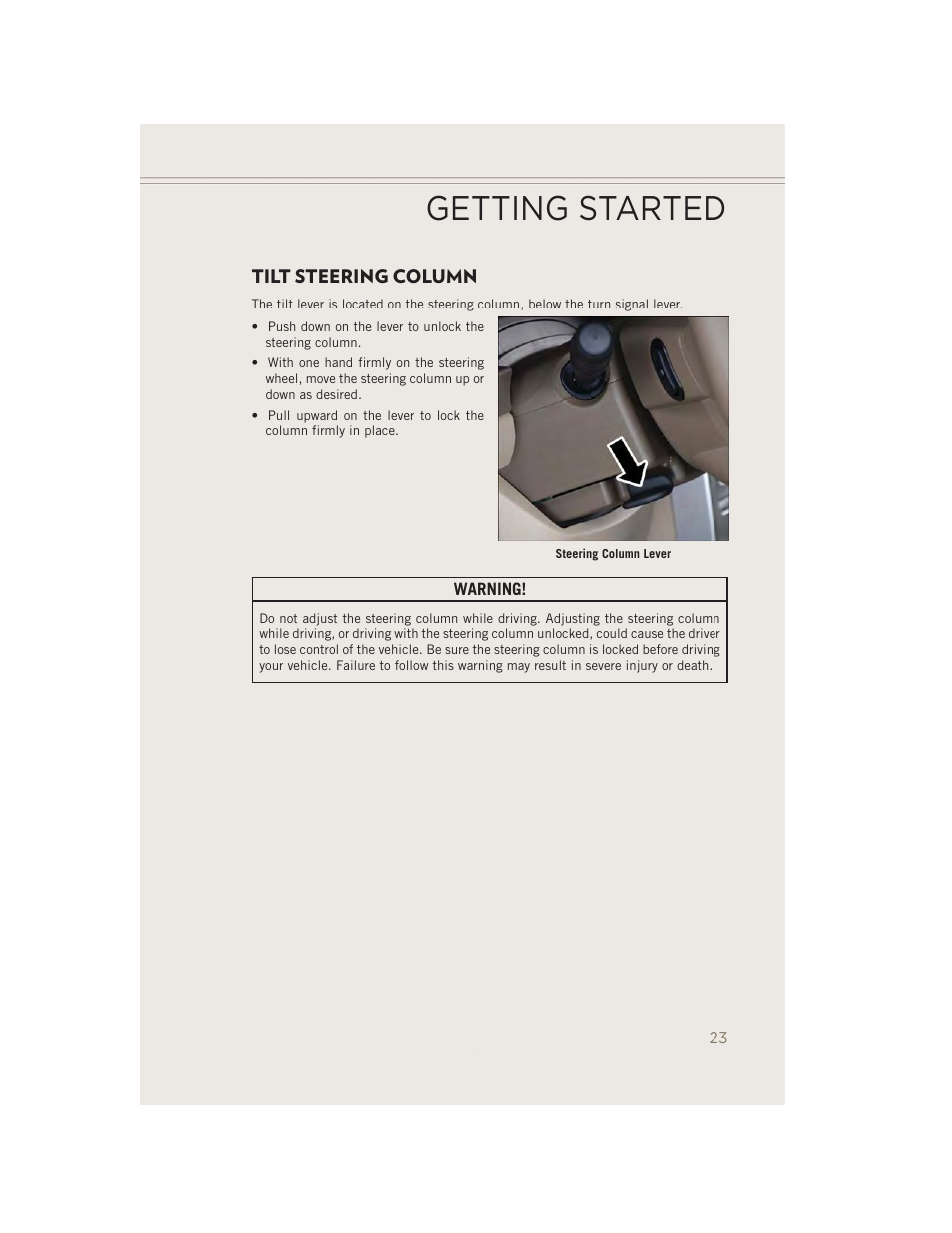 Tilt steering column, Getting started | Jeep 2014 Patriot - User Guide User Manual | Page 25 / 126