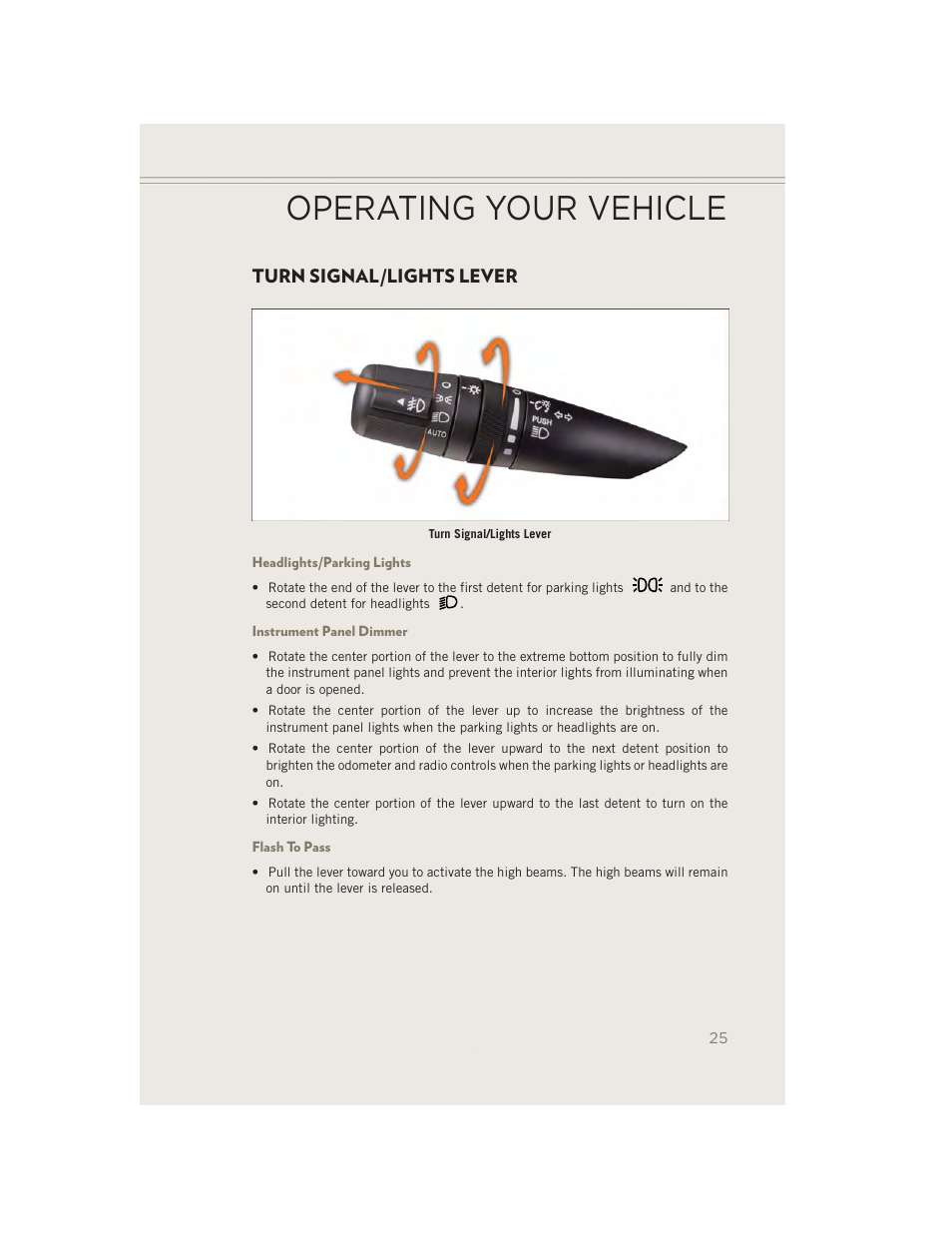 Turn signal/lights lever, Headlights/parking lights, Instrument panel dimmer | Flash to pass, Operating your vehicle | Jeep 2014 Patriot - User Guide User Manual | Page 27 / 126