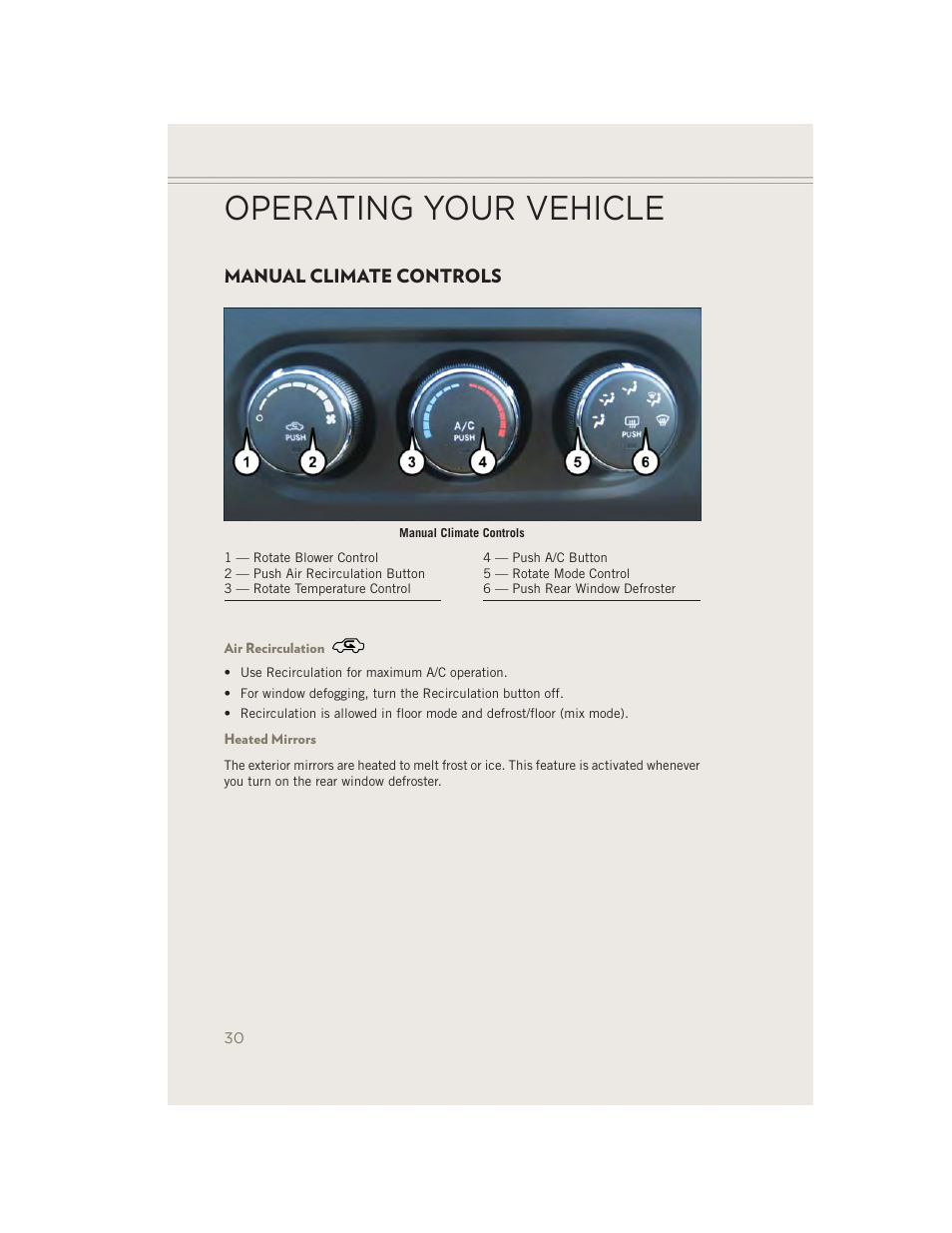 Manual climate controls, Air recirculation, Heated mirrors | Operating your vehicle | Jeep 2014 Patriot - User Guide User Manual | Page 32 / 126