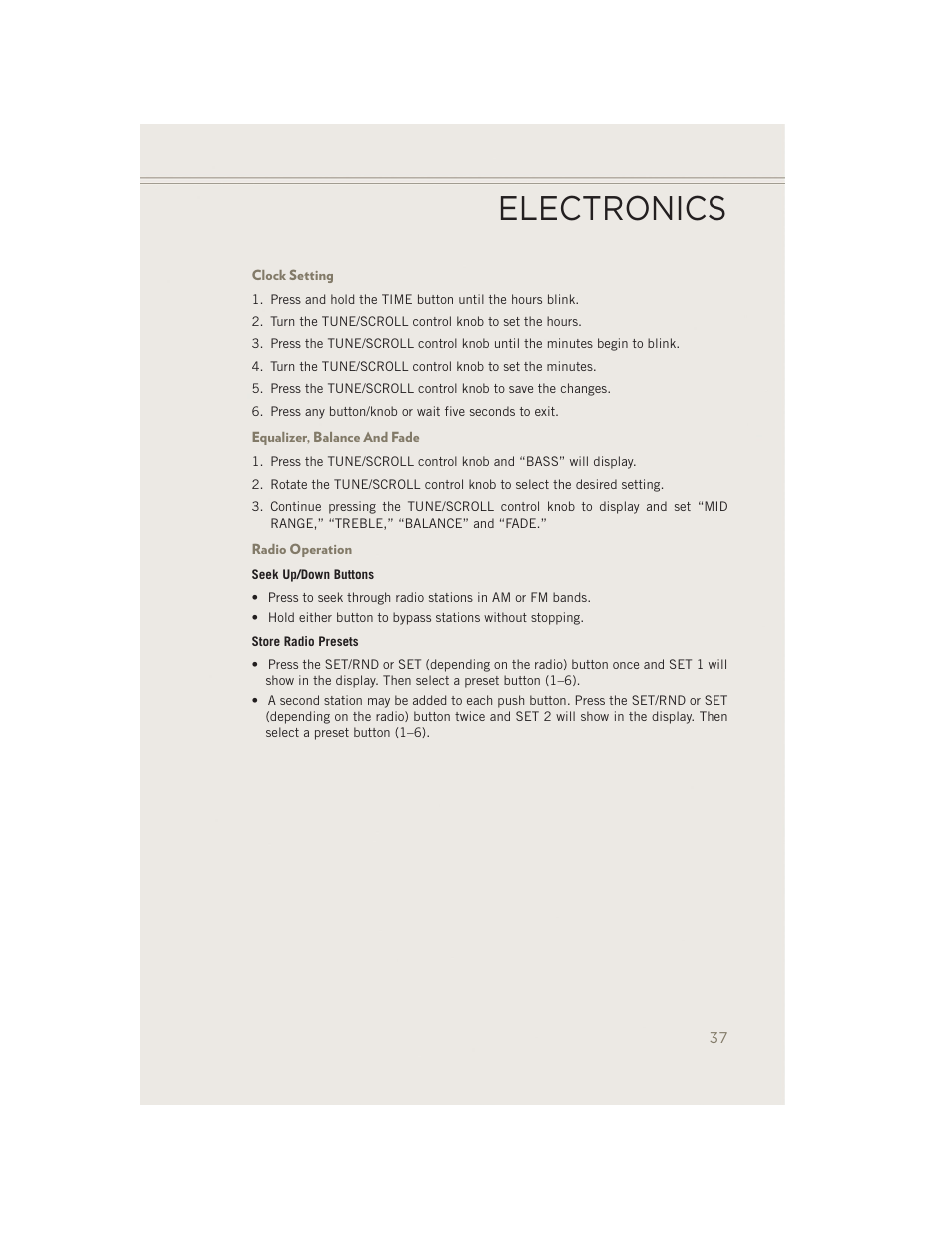 Clock setting, Equalizer, balance and fade, Radio operation | Electronics | Jeep 2014 Patriot - User Guide User Manual | Page 39 / 126