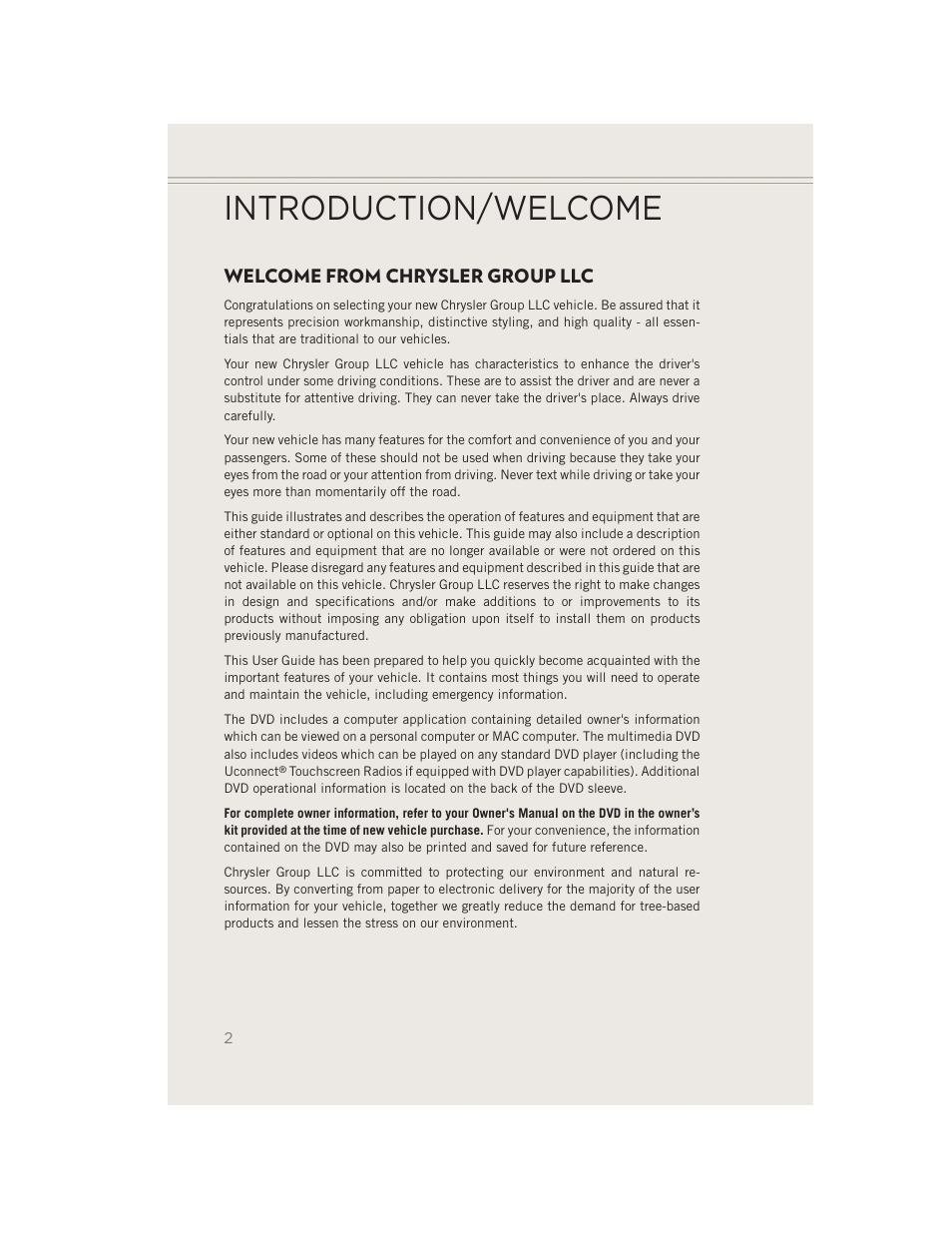 Introduction/ welcome, Welcome from chrysler group llc, Introduction/welcome | Jeep 2014 Patriot - User Guide User Manual | Page 4 / 126
