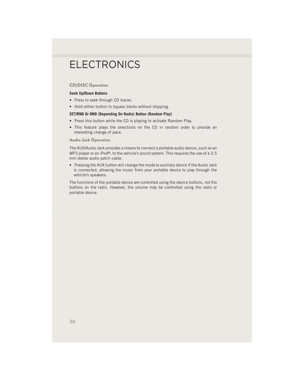 Cd/disc operation, Audio jack operation, Electronics | Jeep 2014 Patriot - User Guide User Manual | Page 40 / 126