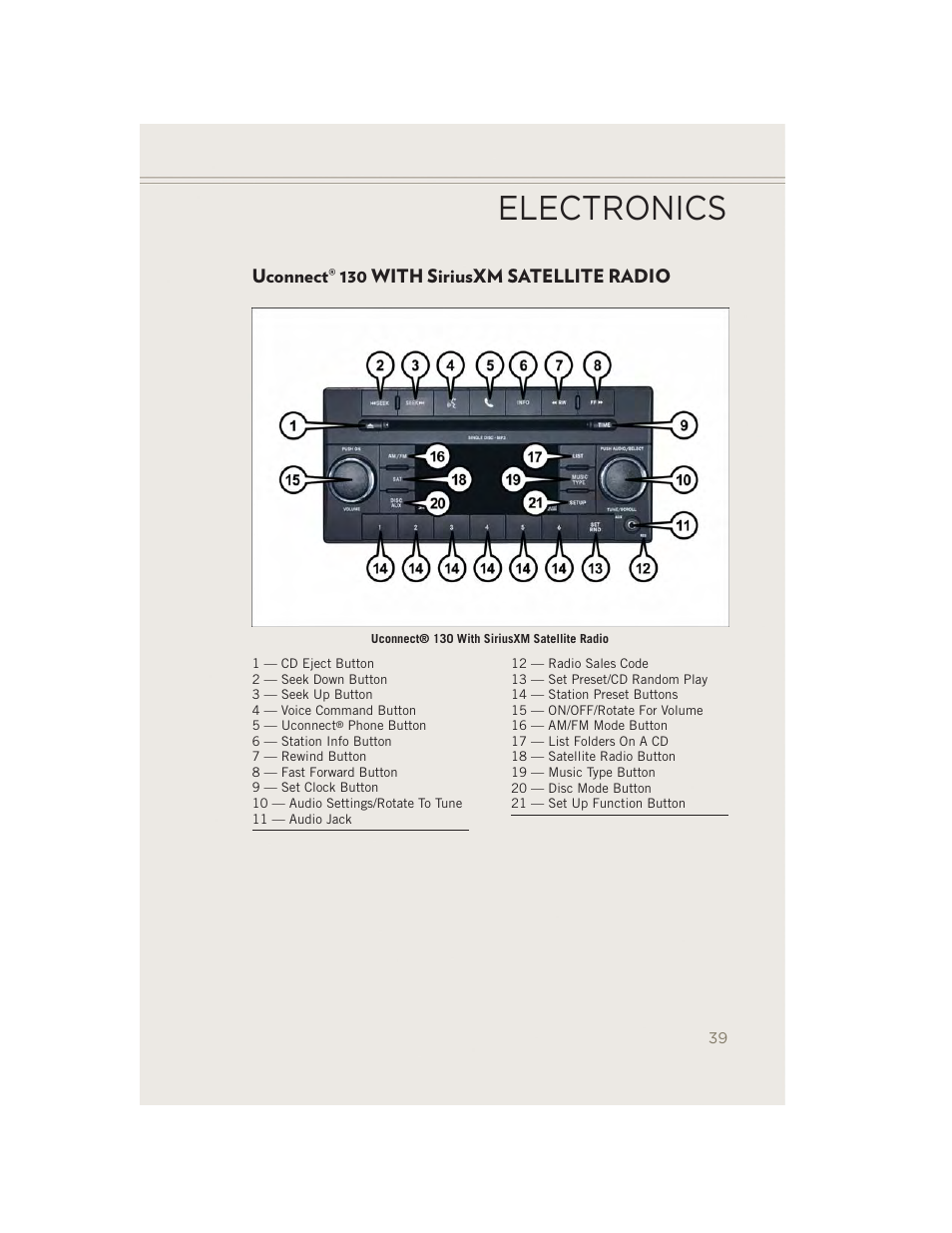 Uconnect® 130 with siriusxm satellite radio, Uconnect, 130 with siriusxm | Satellite radio, Electronics | Jeep 2014 Patriot - User Guide User Manual | Page 41 / 126