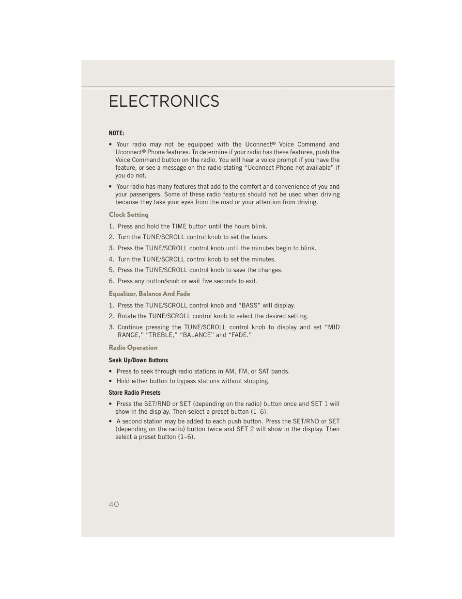 Clock setting, Equalizer, balance and fade, Radio operation | Electronics | Jeep 2014 Patriot - User Guide User Manual | Page 42 / 126