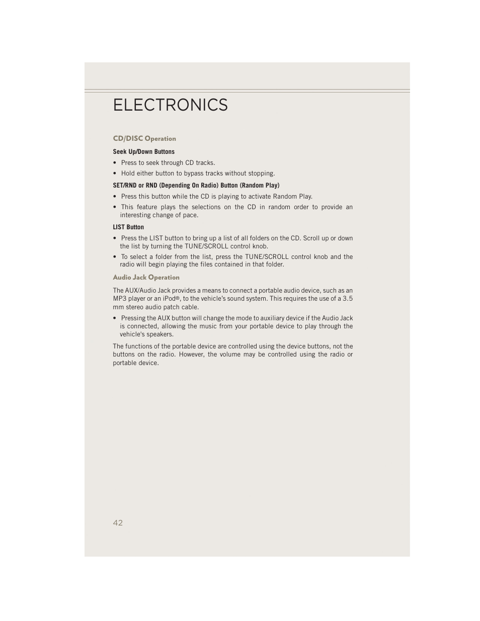 Cd/disc operation, Audio jack operation, Electronics | Jeep 2014 Patriot - User Guide User Manual | Page 44 / 126