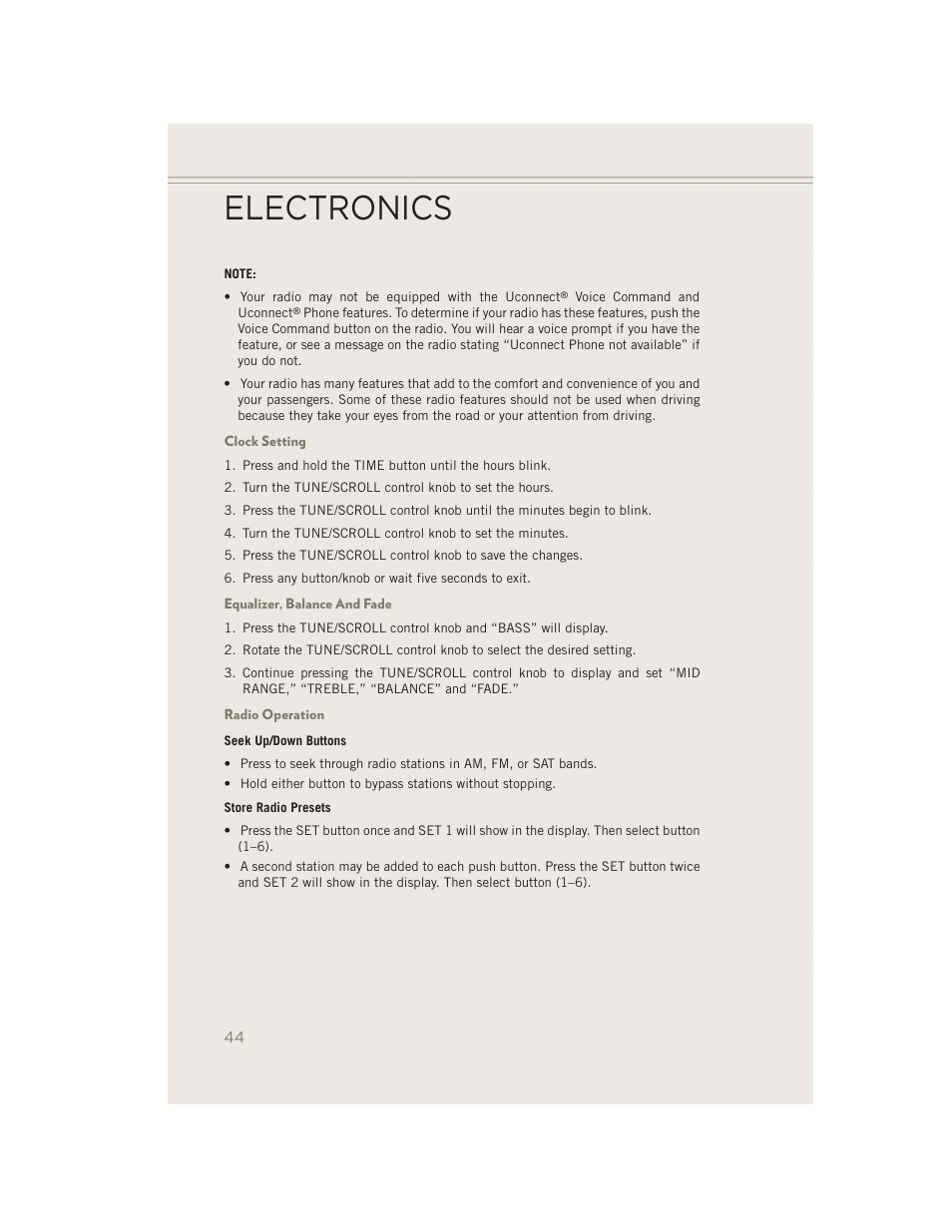 Clock setting, Equalizer, balance and fade, Radio operation | Electronics | Jeep 2014 Patriot - User Guide User Manual | Page 46 / 126