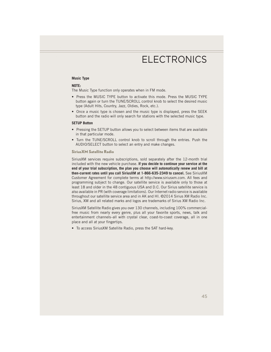 Siriusxm satellite radio, Electronics | Jeep 2014 Patriot - User Guide User Manual | Page 47 / 126