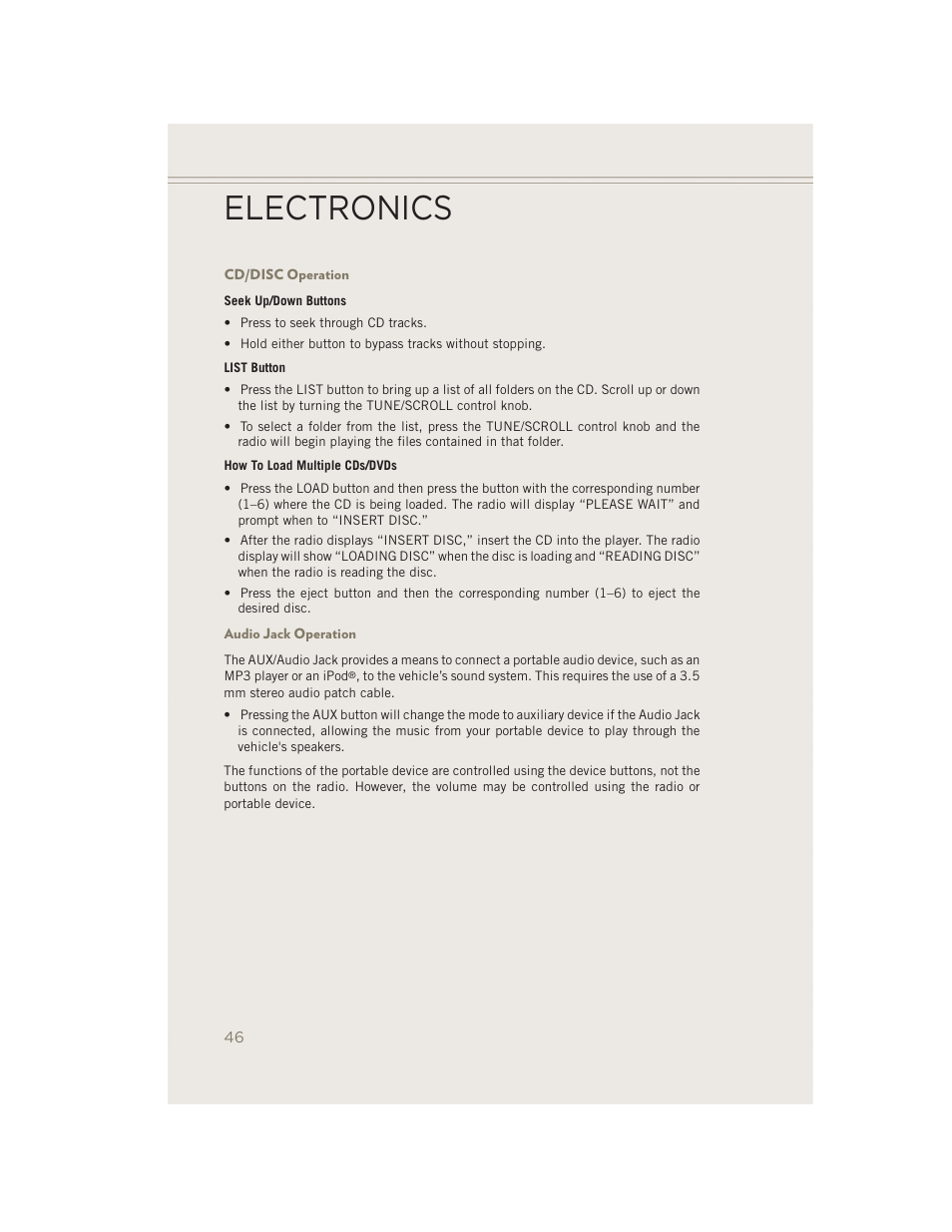 Cd/disc operation, Audio jack operation, Electronics | Jeep 2014 Patriot - User Guide User Manual | Page 48 / 126