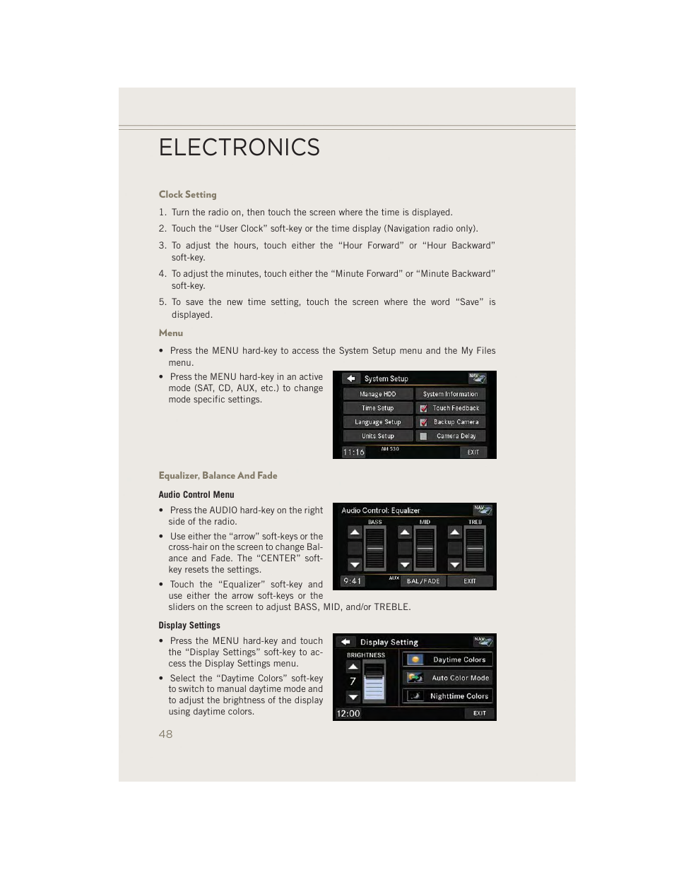 Clock setting, Menu, Equalizer, balance and fade | Electronics | Jeep 2014 Patriot - User Guide User Manual | Page 50 / 126