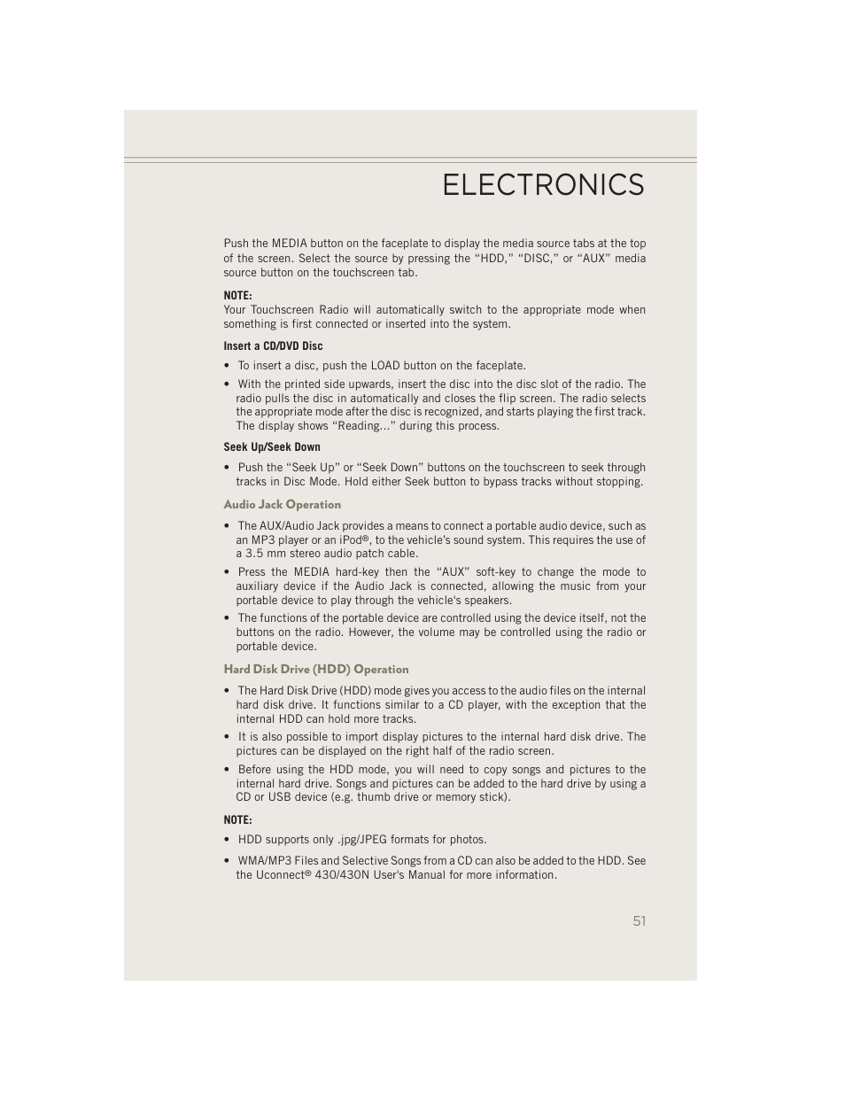 Audio jack operation, Hard disk drive (hdd) operation, Electronics | Jeep 2014 Patriot - User Guide User Manual | Page 53 / 126