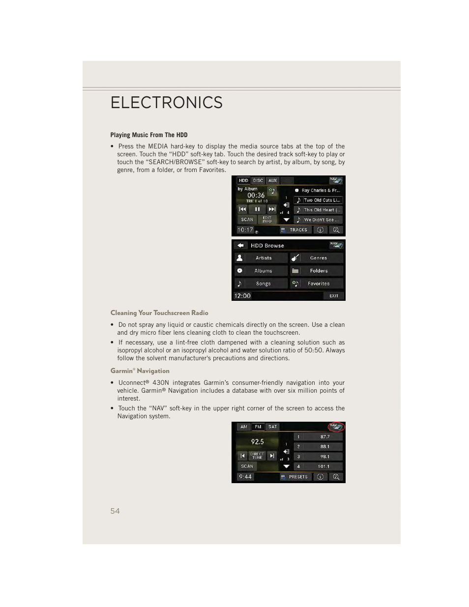 Cleaning your touchscreen radio, Garmin® navigation, Electronics | Jeep 2014 Patriot - User Guide User Manual | Page 56 / 126
