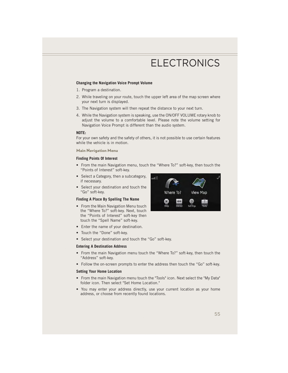 Main navigation menu, Electronics | Jeep 2014 Patriot - User Guide User Manual | Page 57 / 126