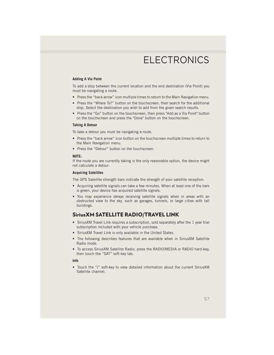 Siriusxm satellite radio/travel link, Electronics | Jeep 2014 Patriot - User Guide User Manual | Page 59 / 126