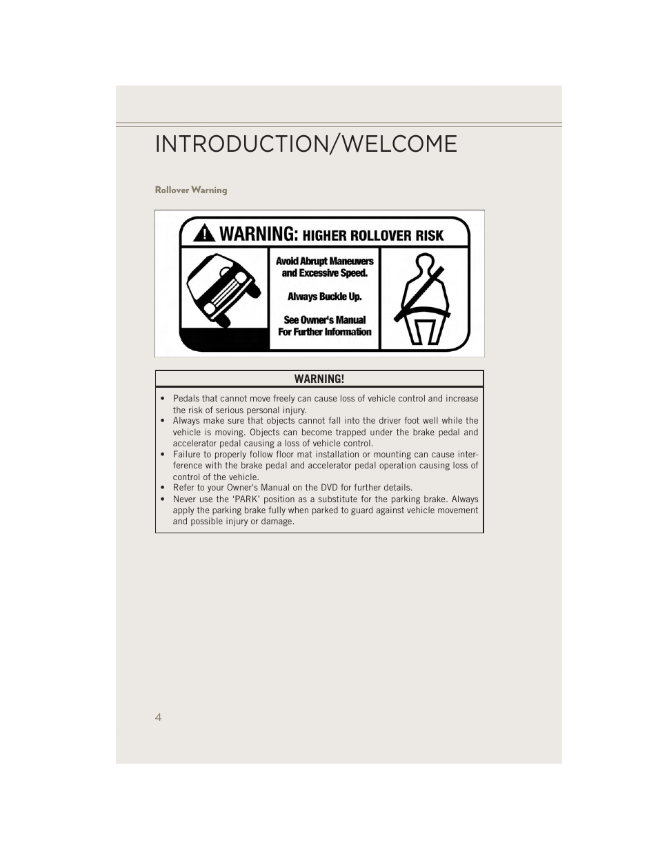 Rollover warning, Introduction/welcome | Jeep 2014 Patriot - User Guide User Manual | Page 6 / 126