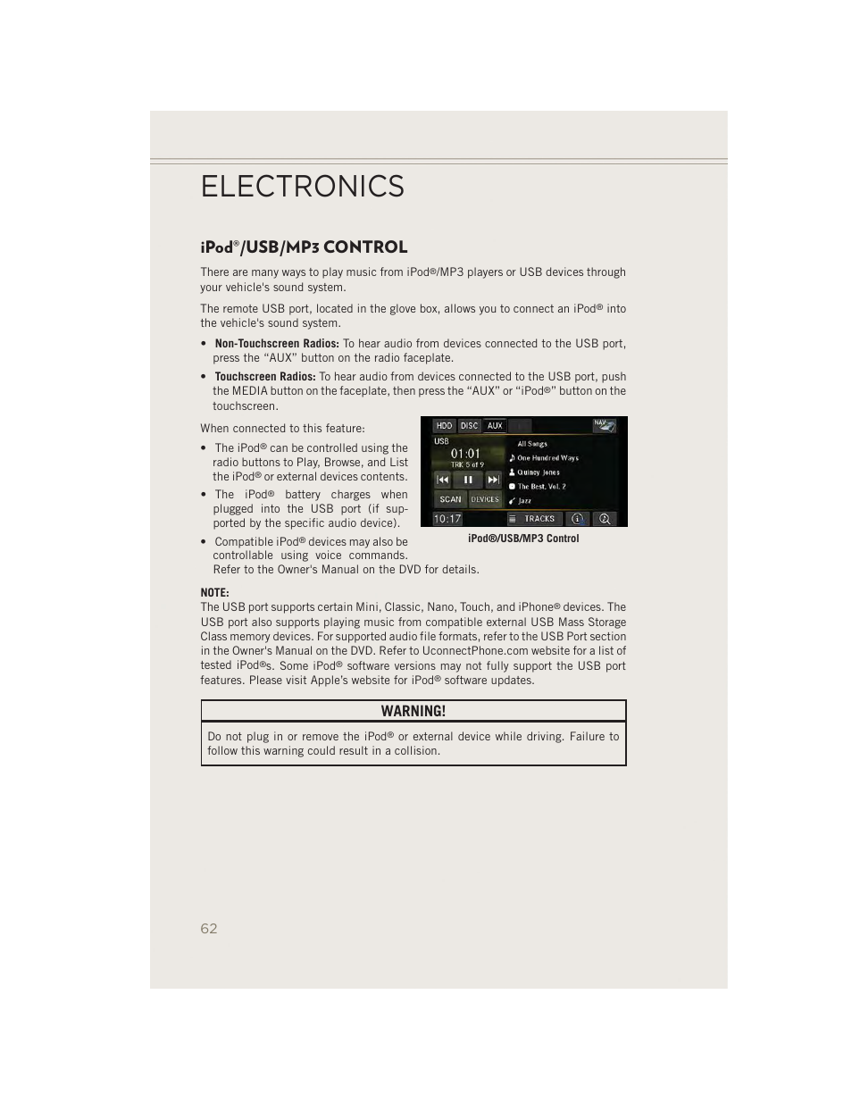 Ipod®/usb/mp3 control, Ipod, Usb/mp3 control | Electronics, Warning | Jeep 2014 Patriot - User Guide User Manual | Page 64 / 126