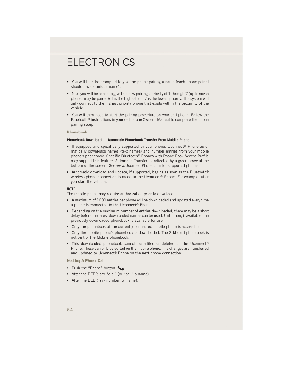 Phonebook, Making a phone call, Electronics | Jeep 2014 Patriot - User Guide User Manual | Page 66 / 126