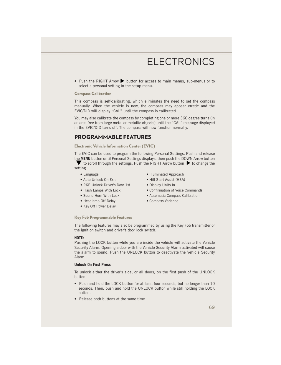 Compass calibration, Programmable features, Electronic vehicle information center (evic) | Key fob programmable features, Electronics | Jeep 2014 Patriot - User Guide User Manual | Page 71 / 126