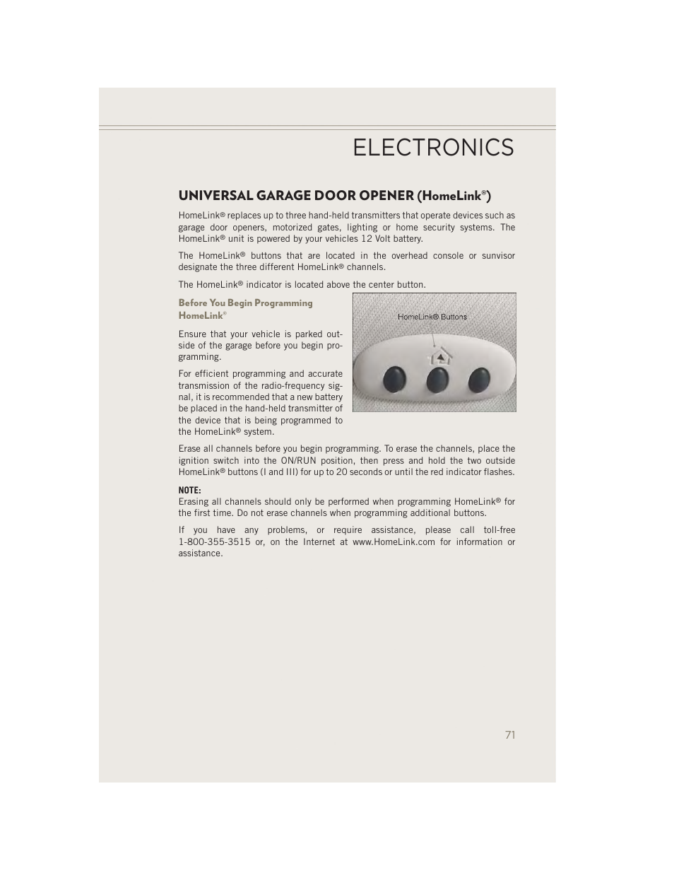 Universal garage door opener (homelink®), Before you begin programming homelink, Universal garage door opener | Homelink, Electronics | Jeep 2014 Patriot - User Guide User Manual | Page 73 / 126