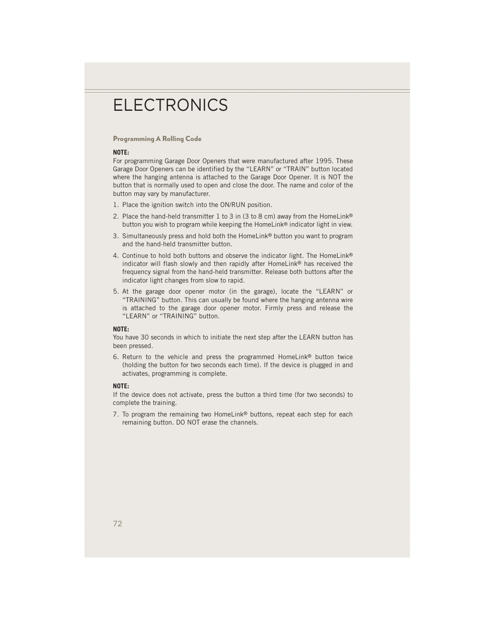 Programming a rolling code, Electronics | Jeep 2014 Patriot - User Guide User Manual | Page 74 / 126
