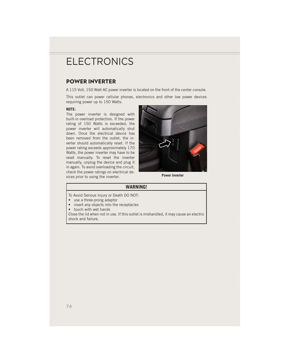 Power inverter, Electronics | Jeep 2014 Patriot - User Guide User Manual | Page 76 / 126