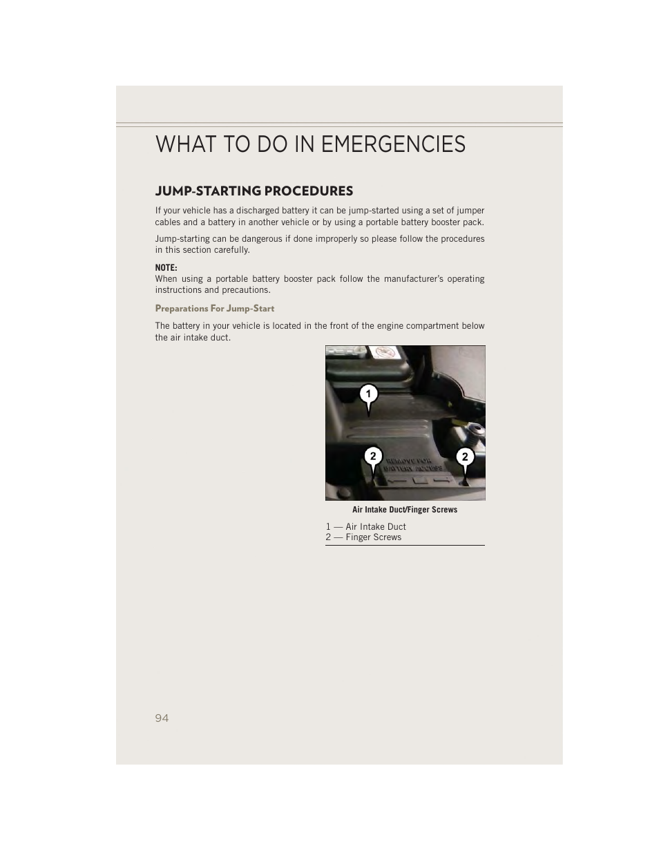 Jump-starting procedures, Preparations for jump-start, What to do in emergencies | Jeep 2014 Patriot - User Guide User Manual | Page 96 / 126