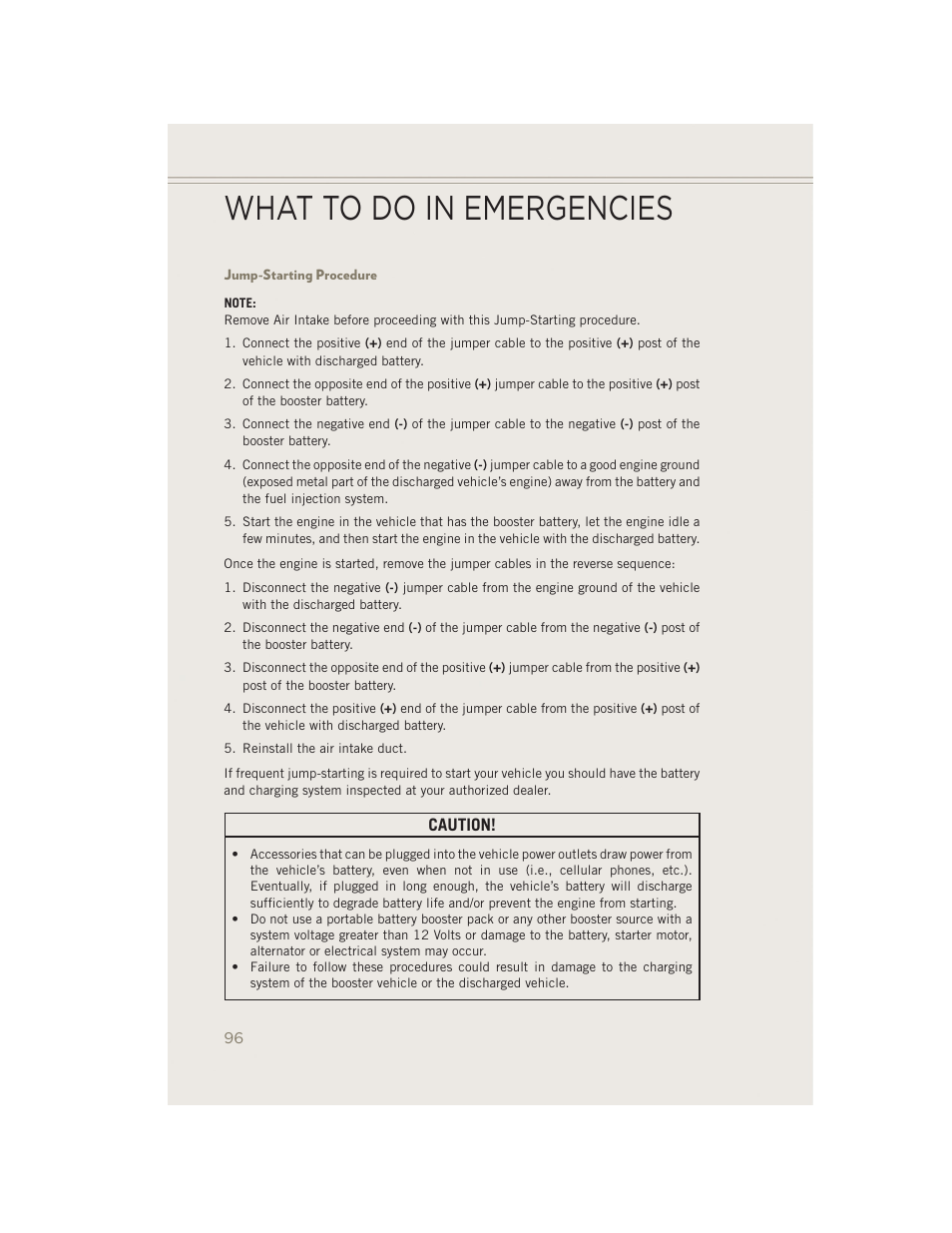 Jump-starting procedure, What to do in emergencies | Jeep 2014 Patriot - User Guide User Manual | Page 98 / 126