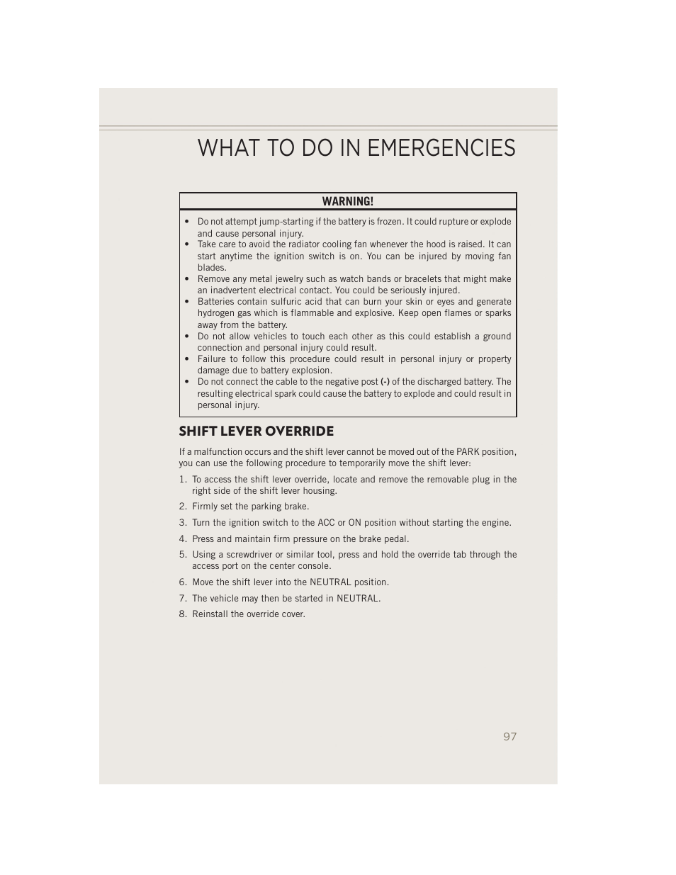 Shift lever override, What to do in emergencies | Jeep 2014 Patriot - User Guide User Manual | Page 99 / 126