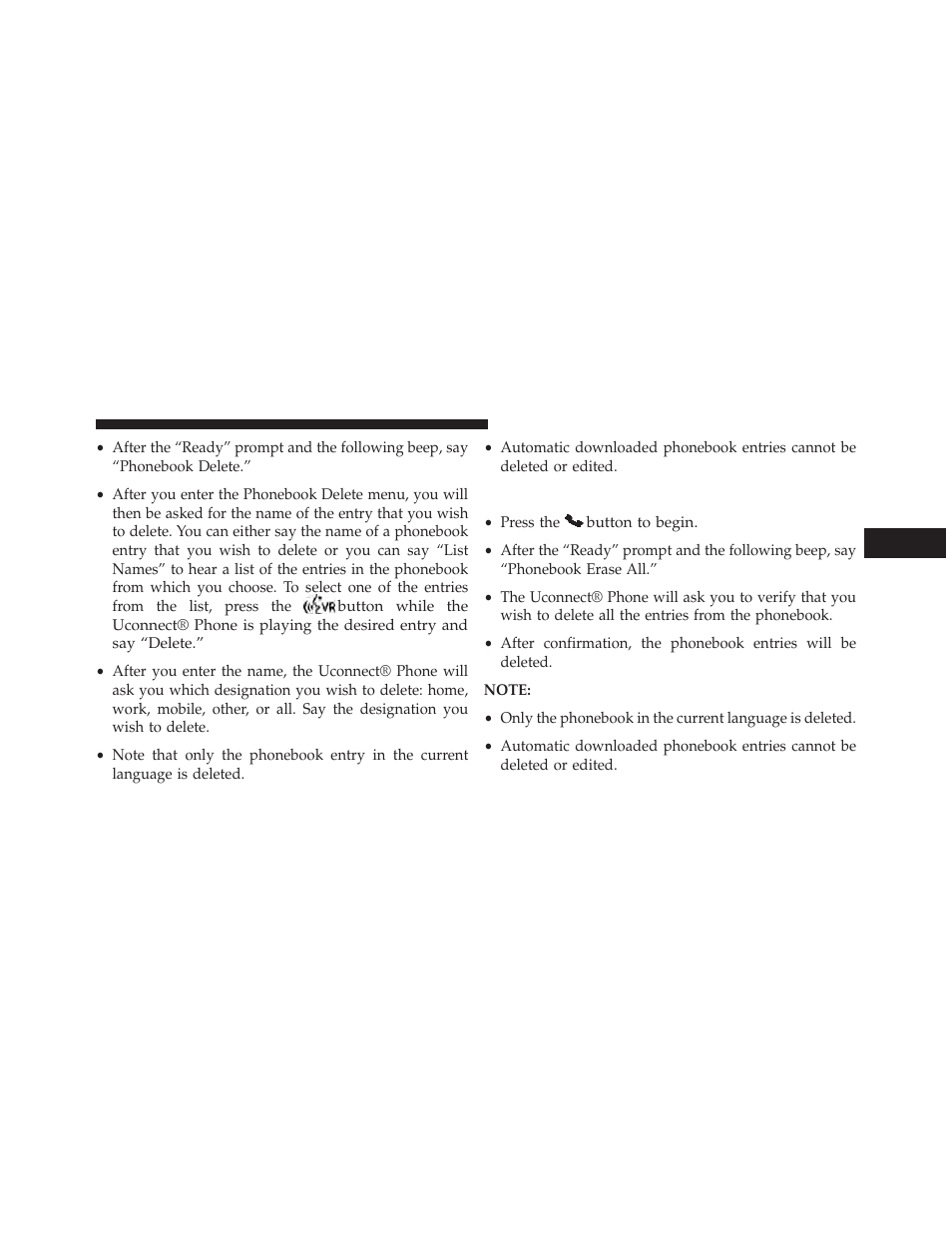 Delete/erase “all” uconnect® phonebook entries, Delete/erase “all” uconnect® phonebook, Entries | Jeep 2014 Wrangler - Owner Manual User Manual | Page 129 / 678